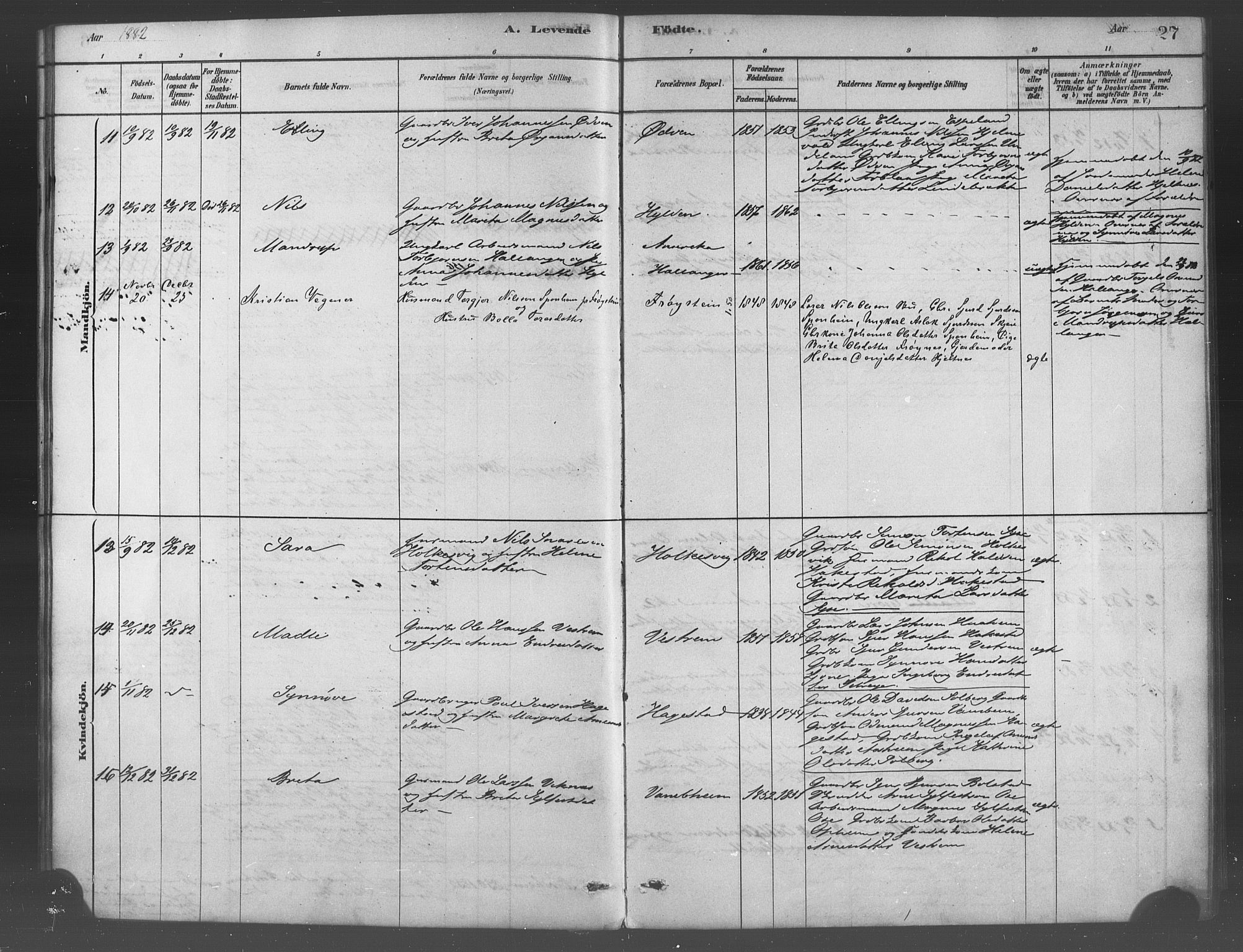 Ulvik sokneprestembete, SAB/A-78801/H/Haa: Parish register (official) no. B 1, 1878-1897, p. 27