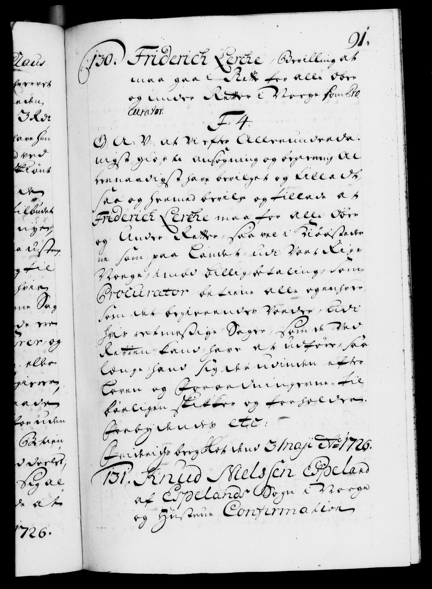 Danske Kanselli 1572-1799, AV/RA-EA-3023/F/Fc/Fca/Fcaa/L0025: Norske registre, 1726-1728, p. 91a