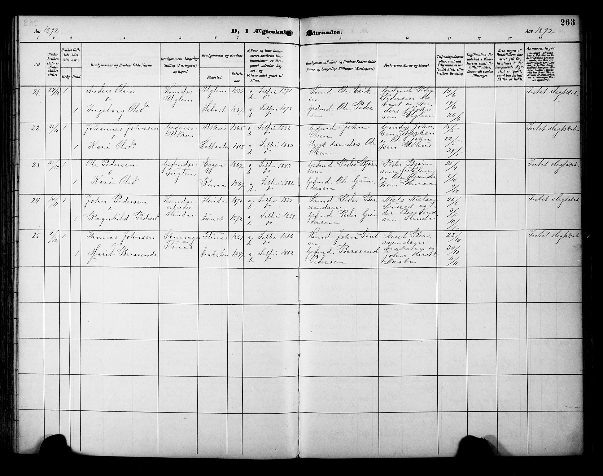 Ministerialprotokoller, klokkerbøker og fødselsregistre - Sør-Trøndelag, AV/SAT-A-1456/695/L1149: Parish register (official) no. 695A09, 1891-1902, p. 263