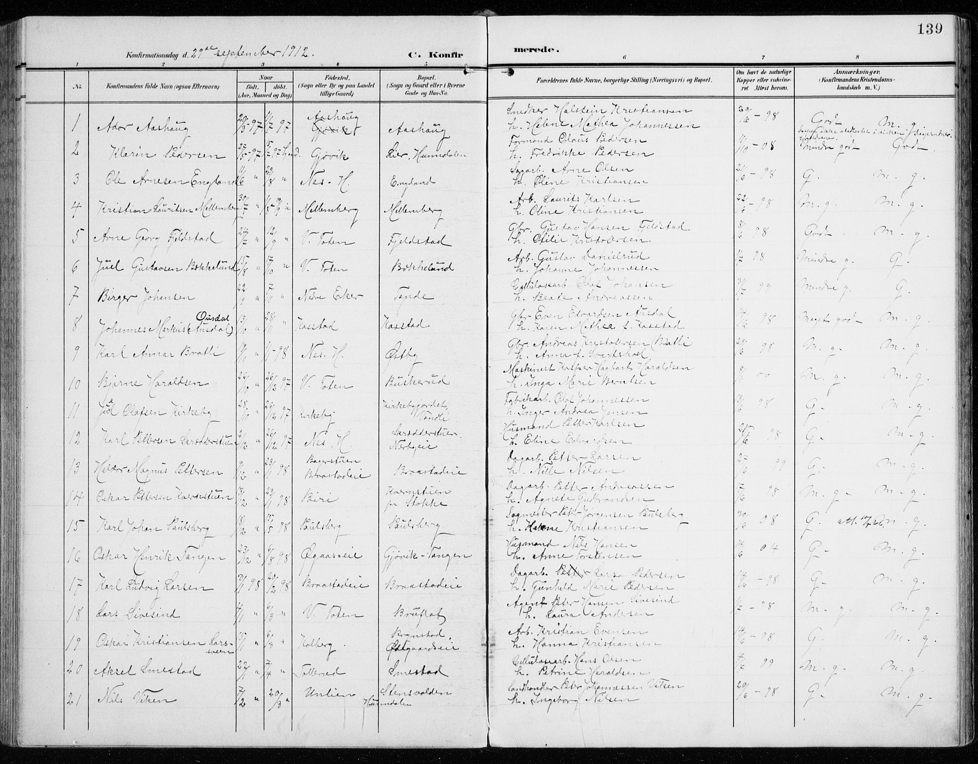 Vardal prestekontor, AV/SAH-PREST-100/H/Ha/Haa/L0016: Parish register (official) no. 16, 1904-1916, p. 139