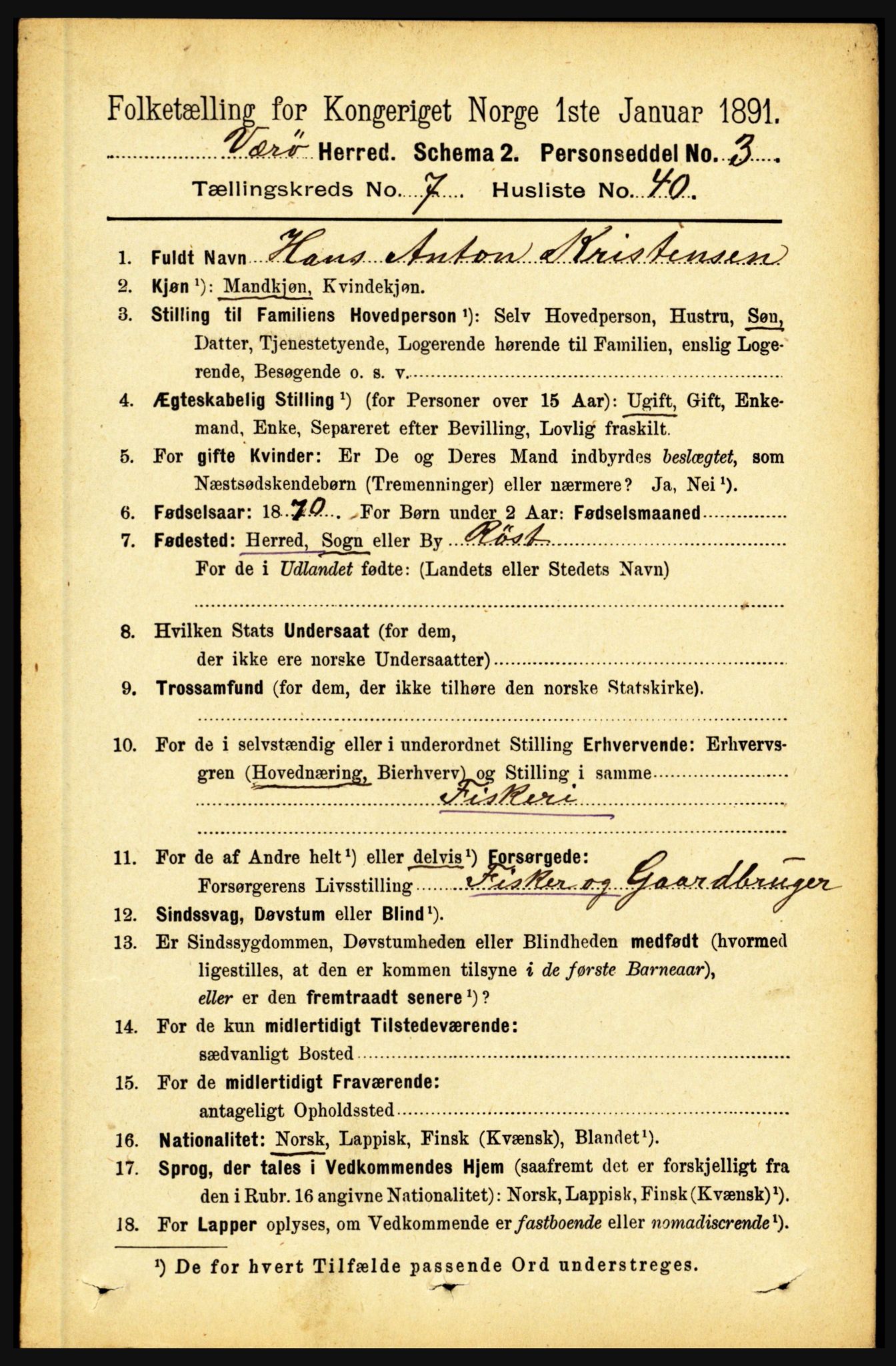 RA, 1891 census for 1857 Værøy, 1891, p. 1013