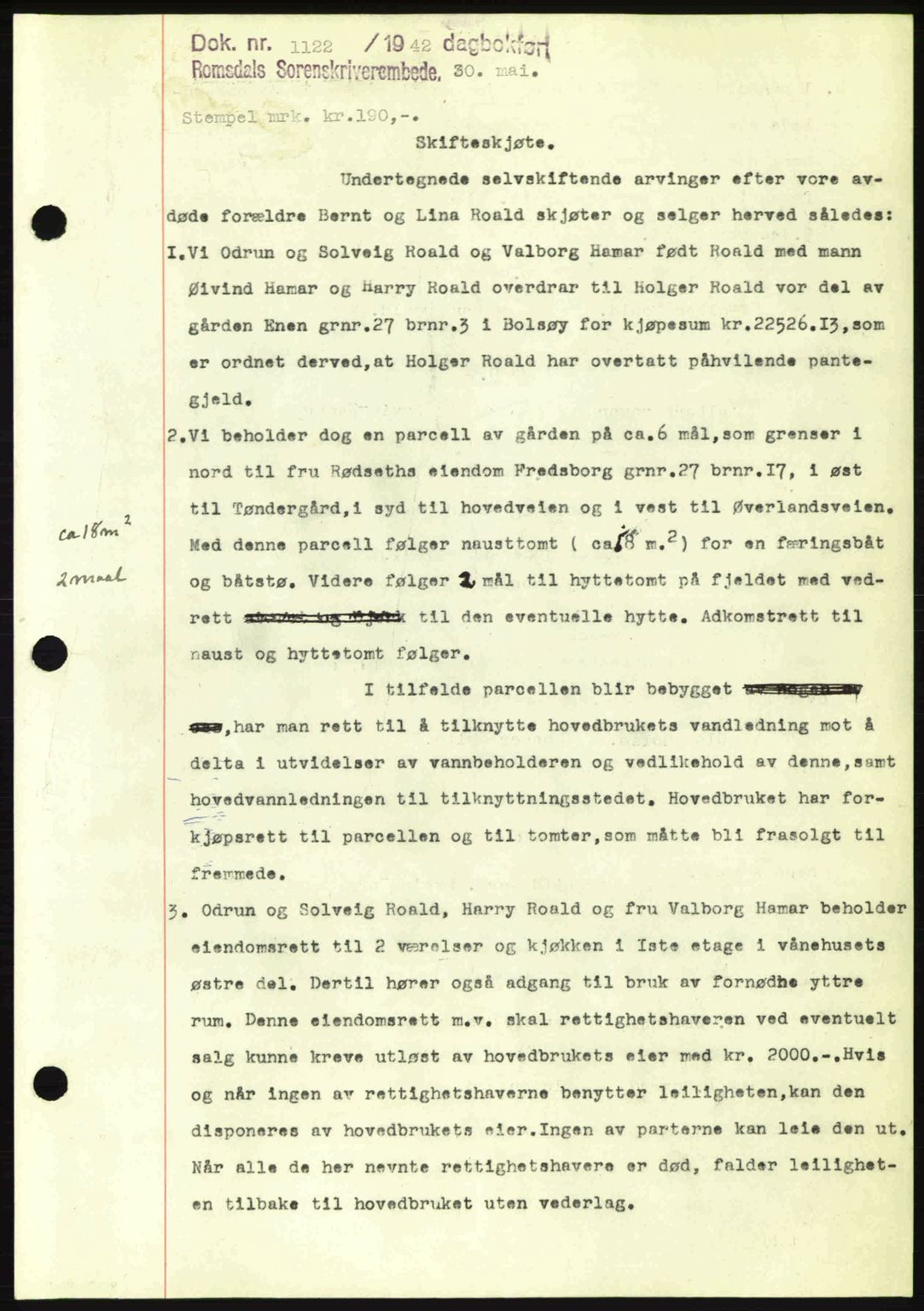 Romsdal sorenskriveri, AV/SAT-A-4149/1/2/2C: Mortgage book no. A12, 1942-1942, Diary no: : 1122/1942