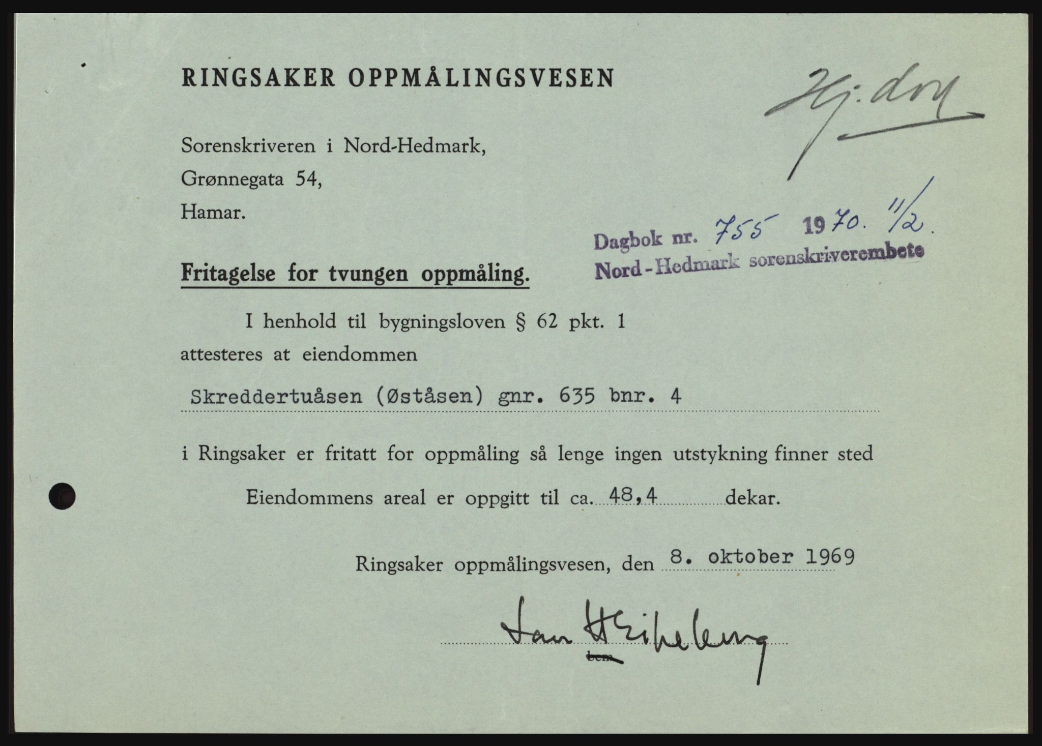 Nord-Hedmark sorenskriveri, SAH/TING-012/H/Hc/L0033: Mortgage book no. 33, 1970-1970, Diary no: : 755/1970