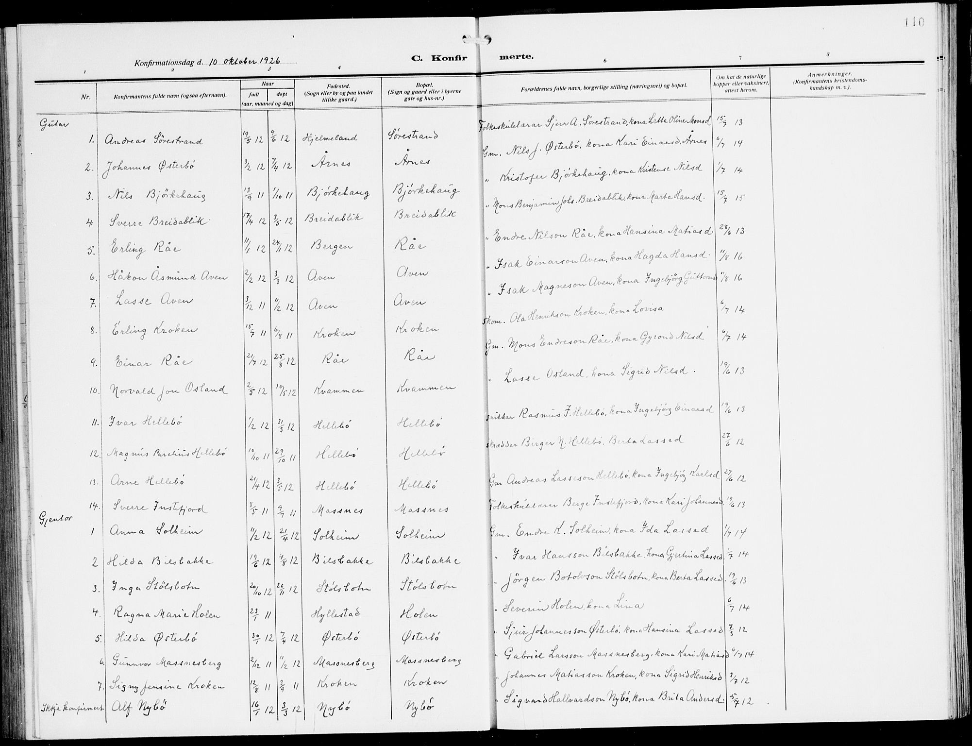 Lavik sokneprestembete, SAB/A-80901: Parish register (copy) no. A 3, 1911-1942, p. 110