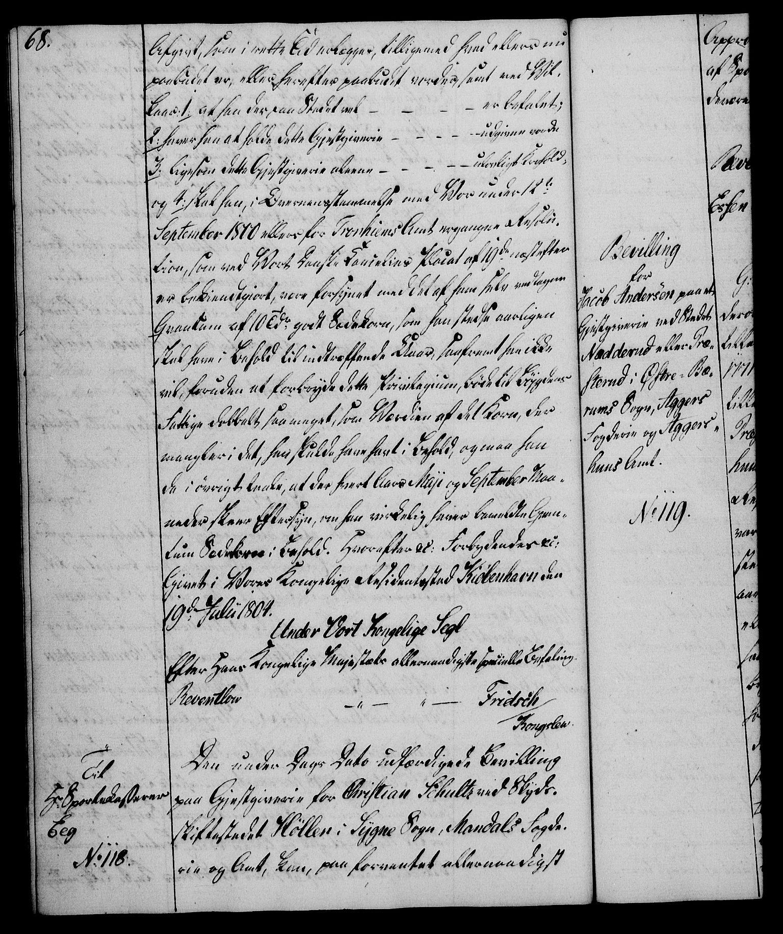 Rentekammeret, Kammerkanselliet, AV/RA-EA-3111/G/Gg/Gga/L0018: Norsk ekspedisjonsprotokoll med register (merket RK 53.18), 1804-1806, p. 68