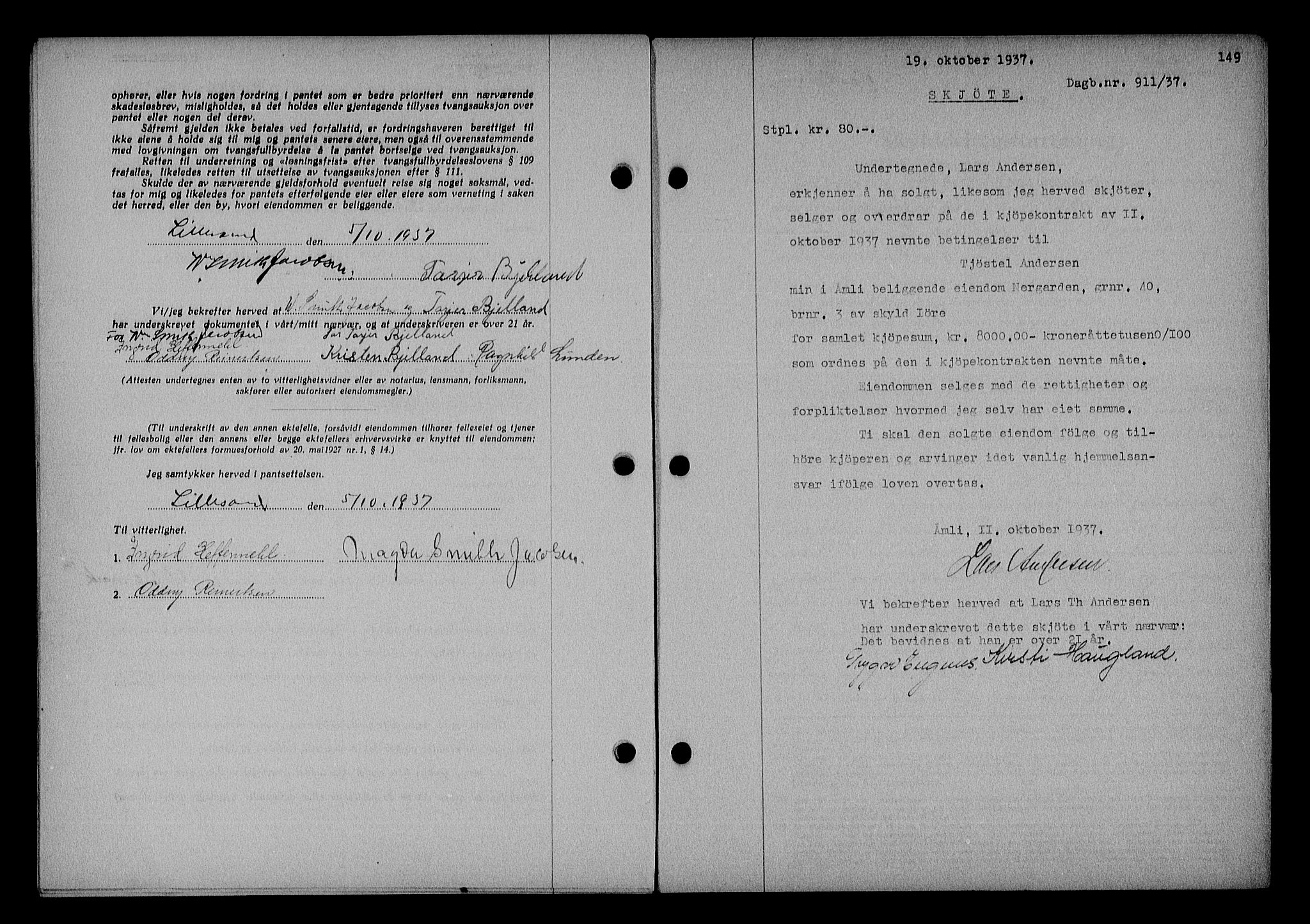 Nedenes sorenskriveri, AV/SAK-1221-0006/G/Gb/Gba/L0044: Mortgage book no. 40, 1937-1938, Diary no: : 911/1937