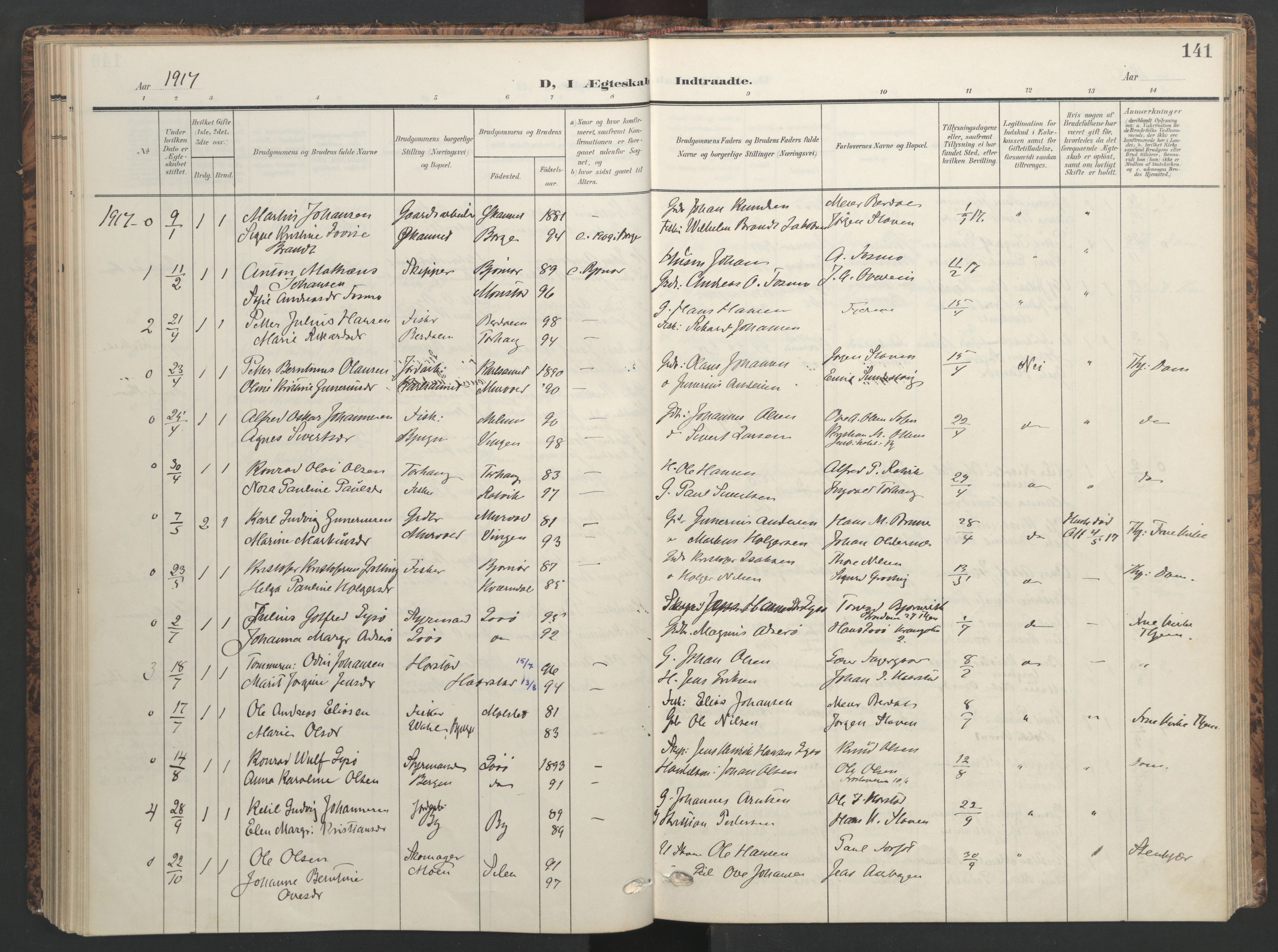Ministerialprotokoller, klokkerbøker og fødselsregistre - Sør-Trøndelag, SAT/A-1456/655/L0682: Parish register (official) no. 655A11, 1908-1922, p. 141