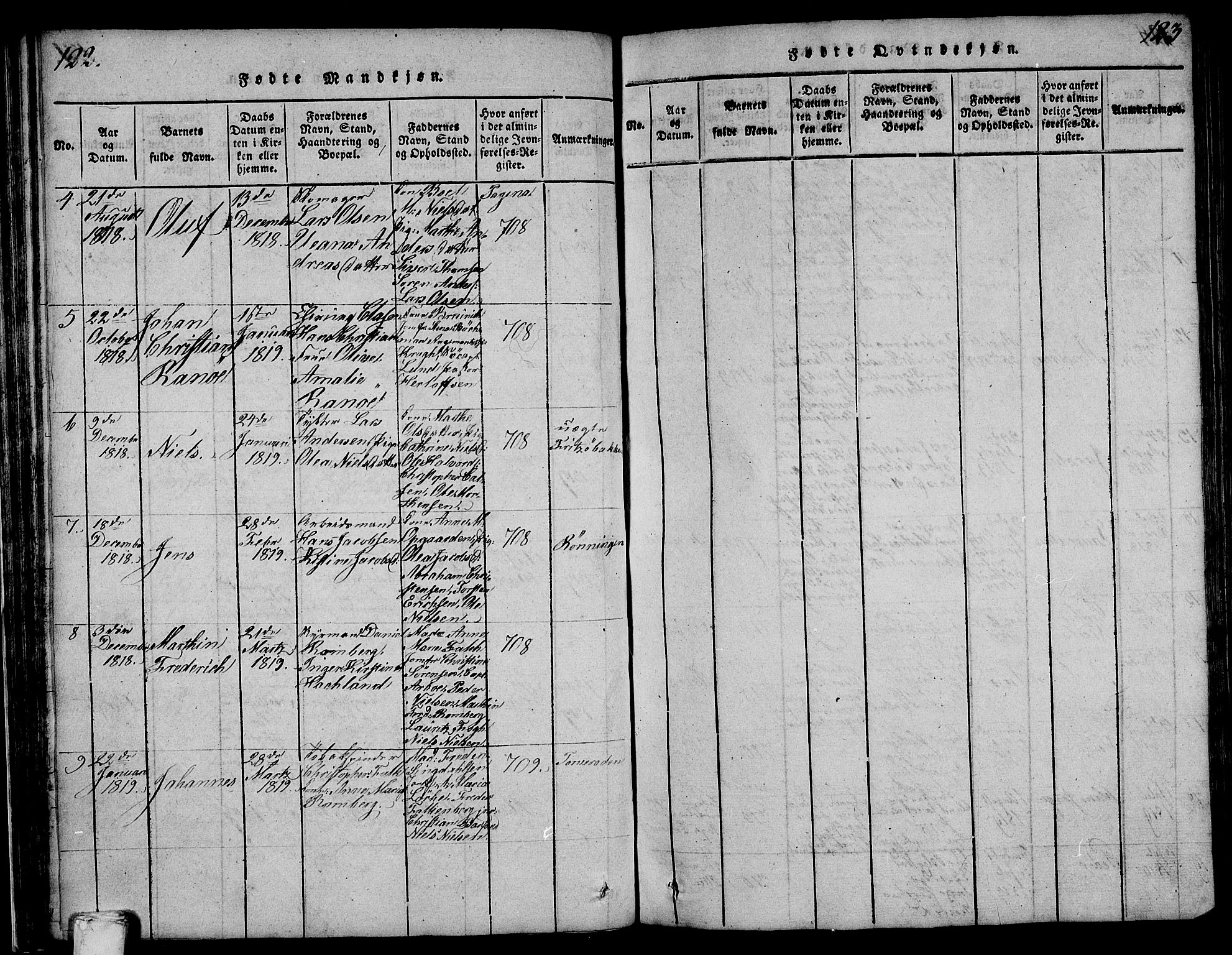 Larvik kirkebøker, SAKO/A-352/F/Fa/L0001: Parish register (official) no. I 1, 1814-1825, p. 122-123