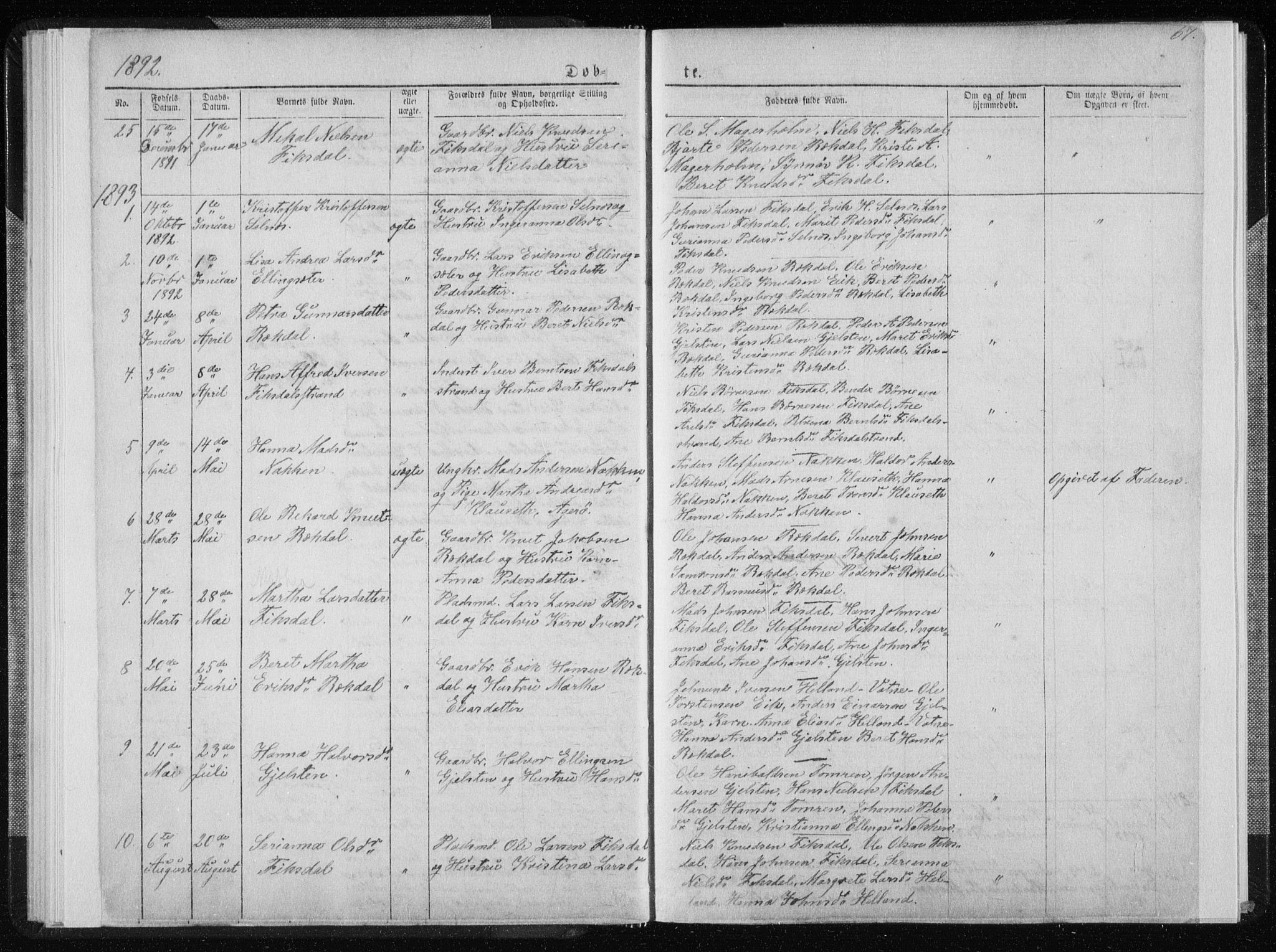 Ministerialprotokoller, klokkerbøker og fødselsregistre - Møre og Romsdal, SAT/A-1454/540/L0541: Parish register (copy) no. 540C01, 1867-1920, p. 67