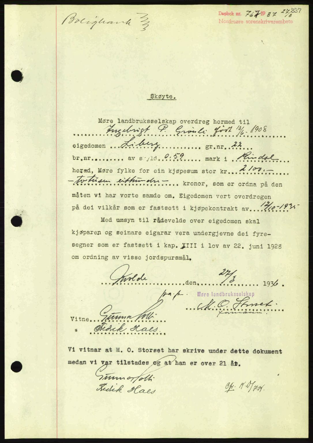 Nordmøre sorenskriveri, AV/SAT-A-4132/1/2/2Ca: Mortgage book no. A81, 1937-1937, Diary no: : 767/1937