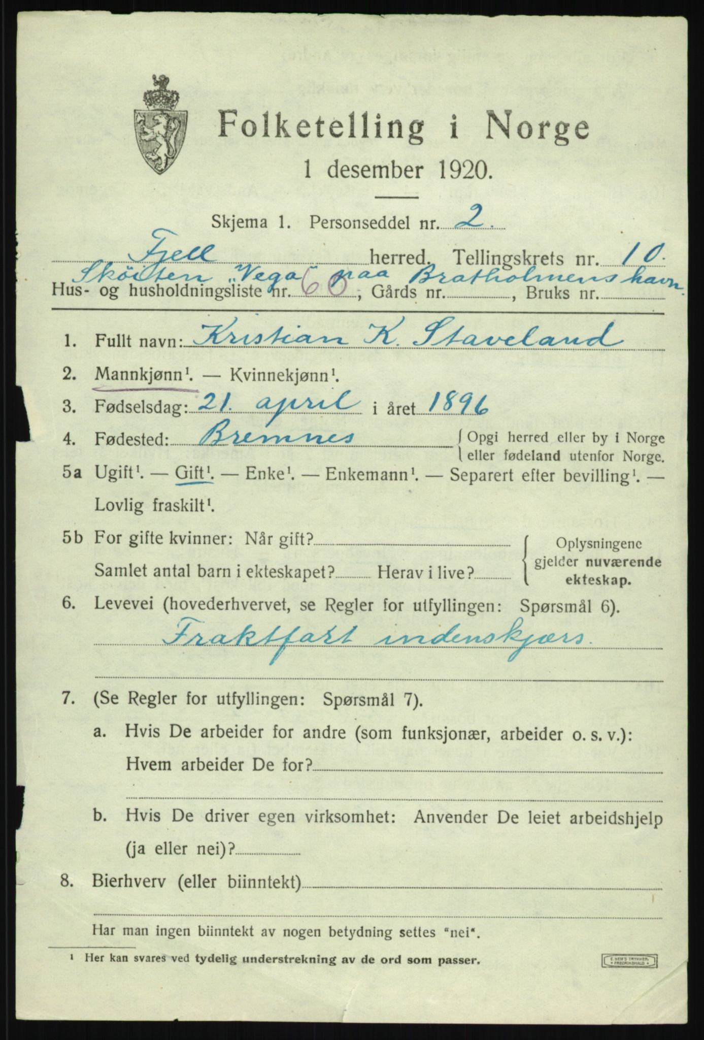 SAB, 1920 census for Fjell, 1920, p. 9834