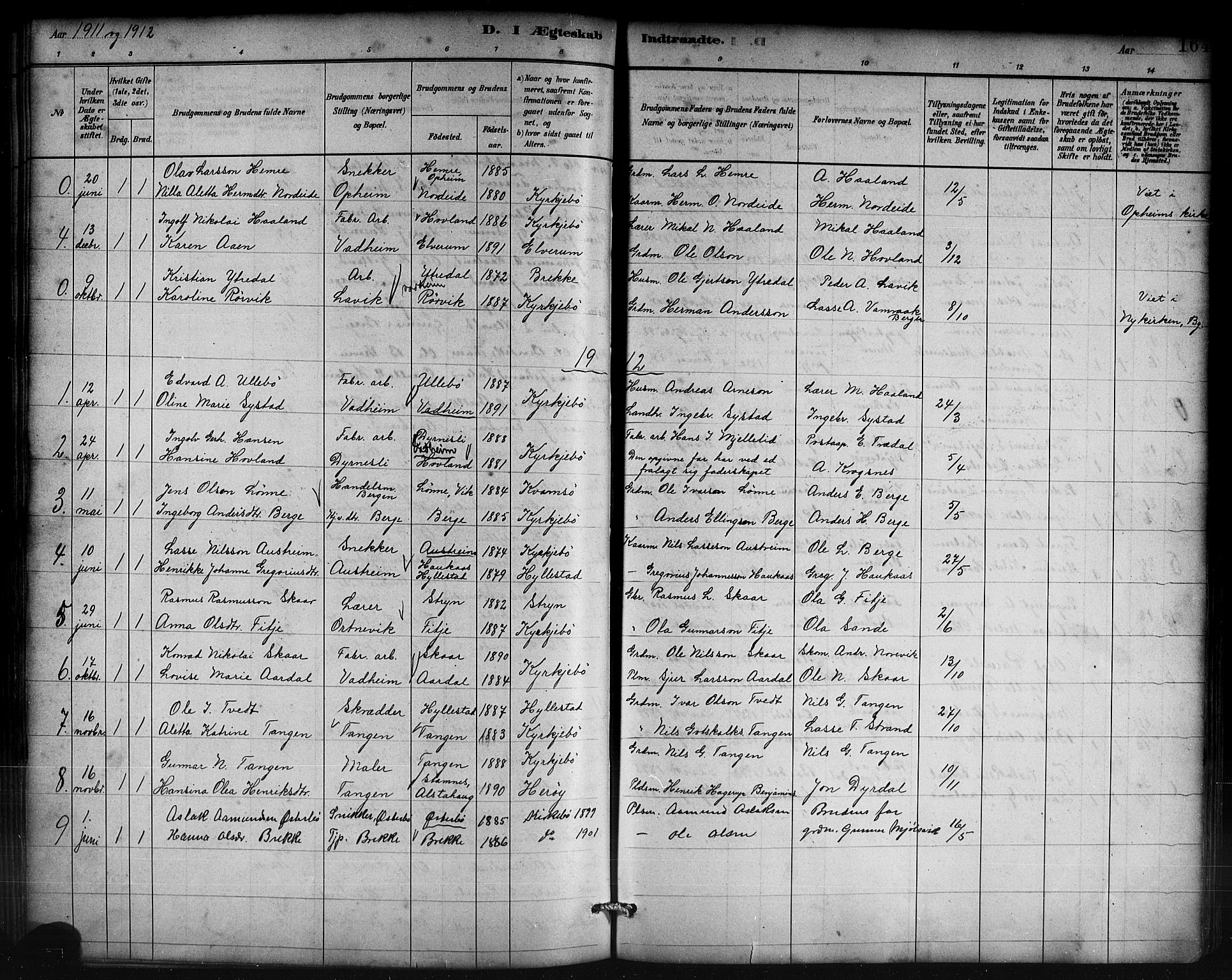 Lavik sokneprestembete, AV/SAB-A-80901: Parish register (copy) no. B 3, 1882-1913, p. 164