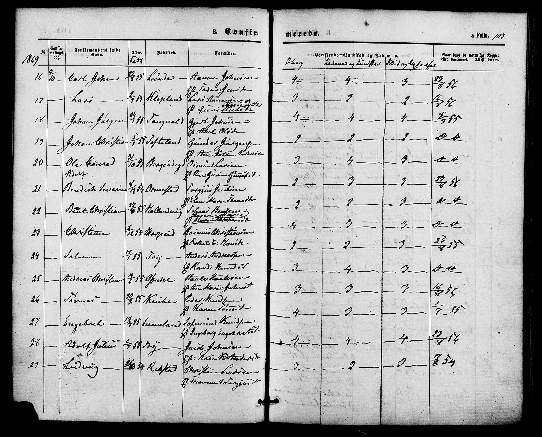 Søgne sokneprestkontor, SAK/1111-0037/F/Fa/Fab/L0011: Parish register (official) no. A 11, 1869-1879, p. 103