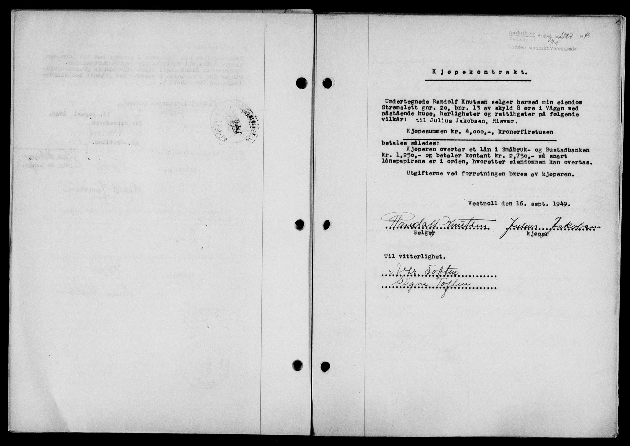 Lofoten sorenskriveri, SAT/A-0017/1/2/2C/L0021a: Mortgage book no. 21a, 1949-1949, Diary no: : 2267/1949