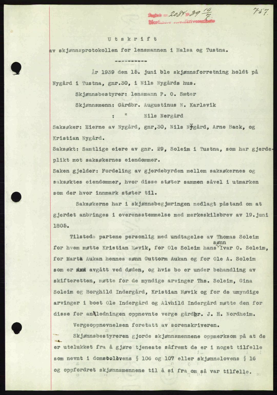 Nordmøre sorenskriveri, AV/SAT-A-4132/1/2/2Ca: Mortgage book no. B85, 1939-1939, Diary no: : 2084/1939