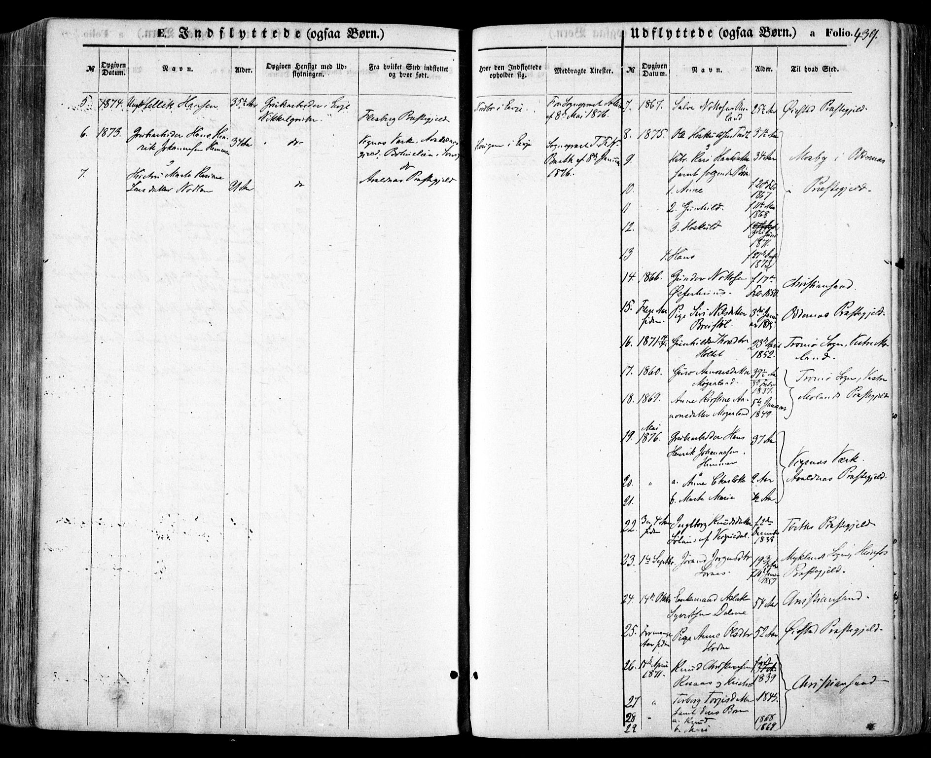 Evje sokneprestkontor, SAK/1111-0008/F/Fa/Faa/L0006: Parish register (official) no. A 6, 1866-1884, p. 439