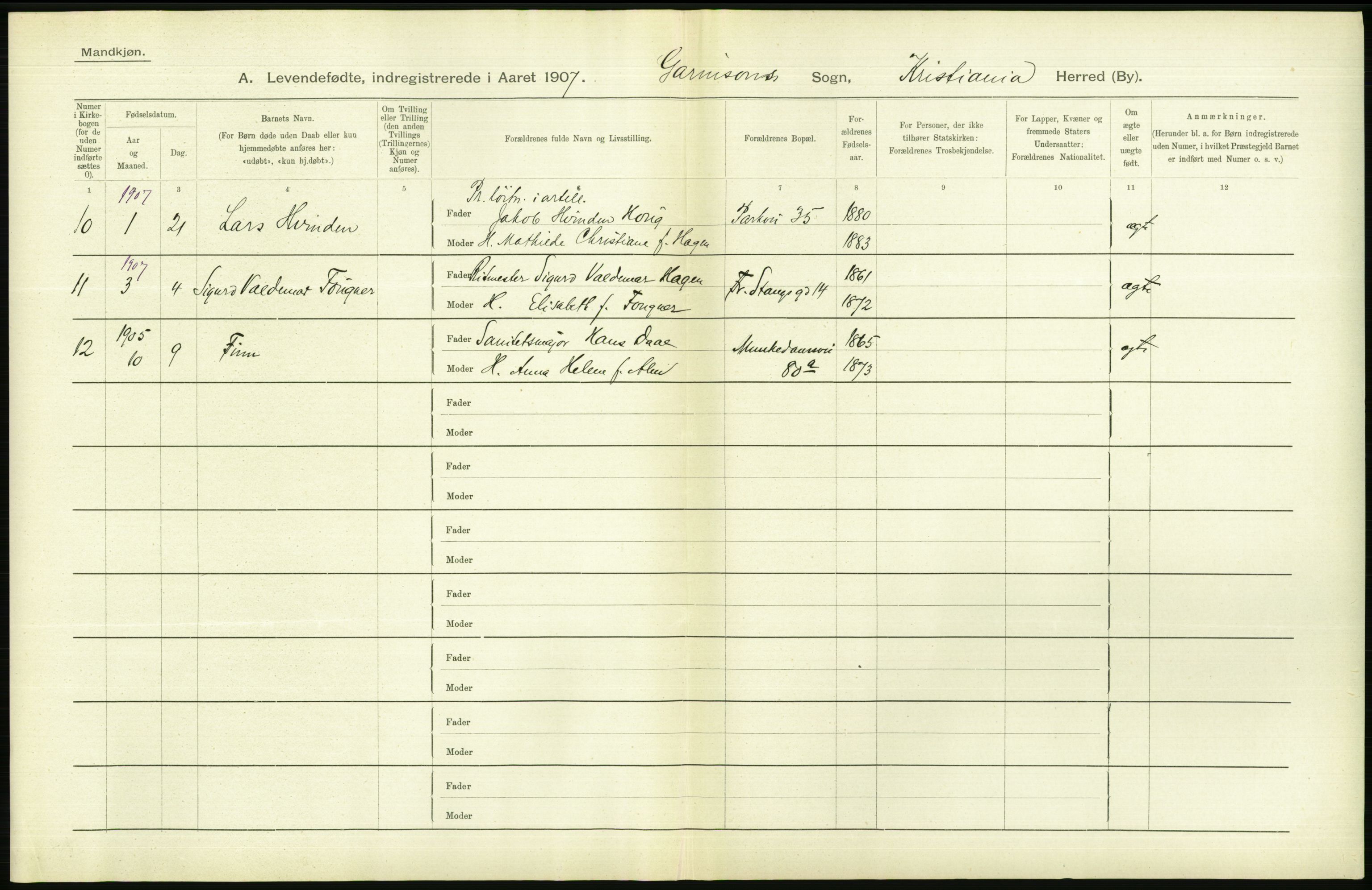 Statistisk sentralbyrå, Sosiodemografiske emner, Befolkning, AV/RA-S-2228/D/Df/Dfa/Dfae/L0007: Kristiania: Levendefødte menn og kvinner., 1907, p. 708