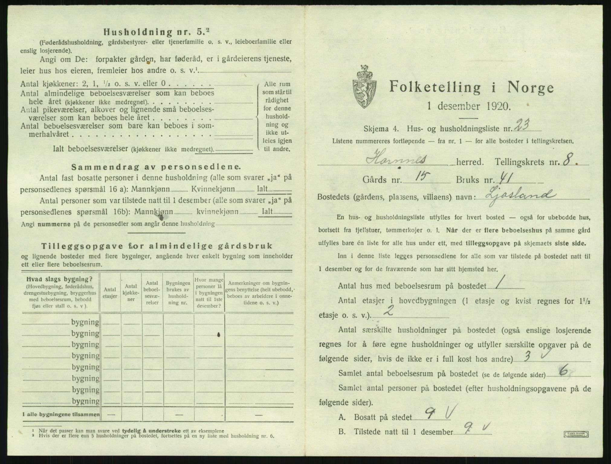 SAK, 1920 census for Hornnes, 1920, p. 339