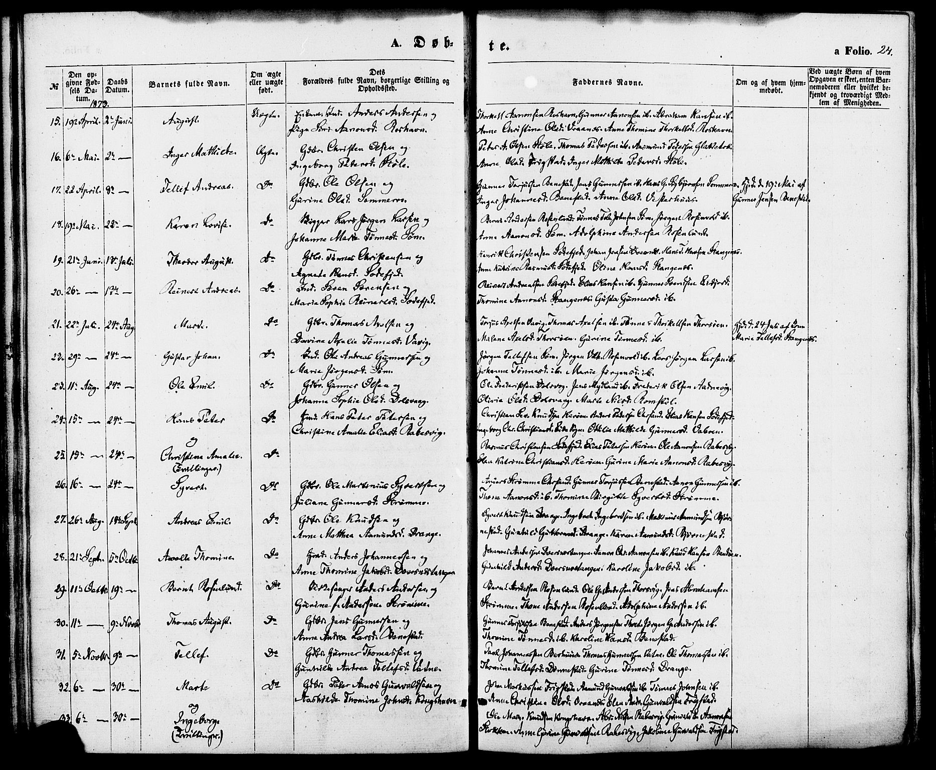 Oddernes sokneprestkontor, SAK/1111-0033/F/Fa/Fab/L0001: Parish register (official) no. A 1, 1865-1884, p. 24