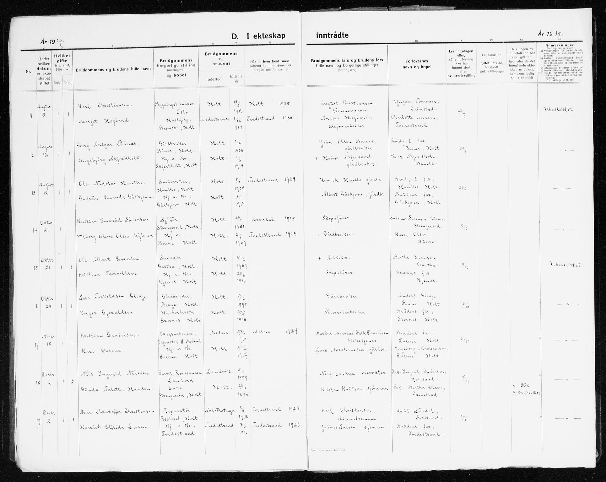 Holt sokneprestkontor, AV/SAK-1111-0021/F/Fb/L0012: Parish register (copy) no. B 12, 1919-1944