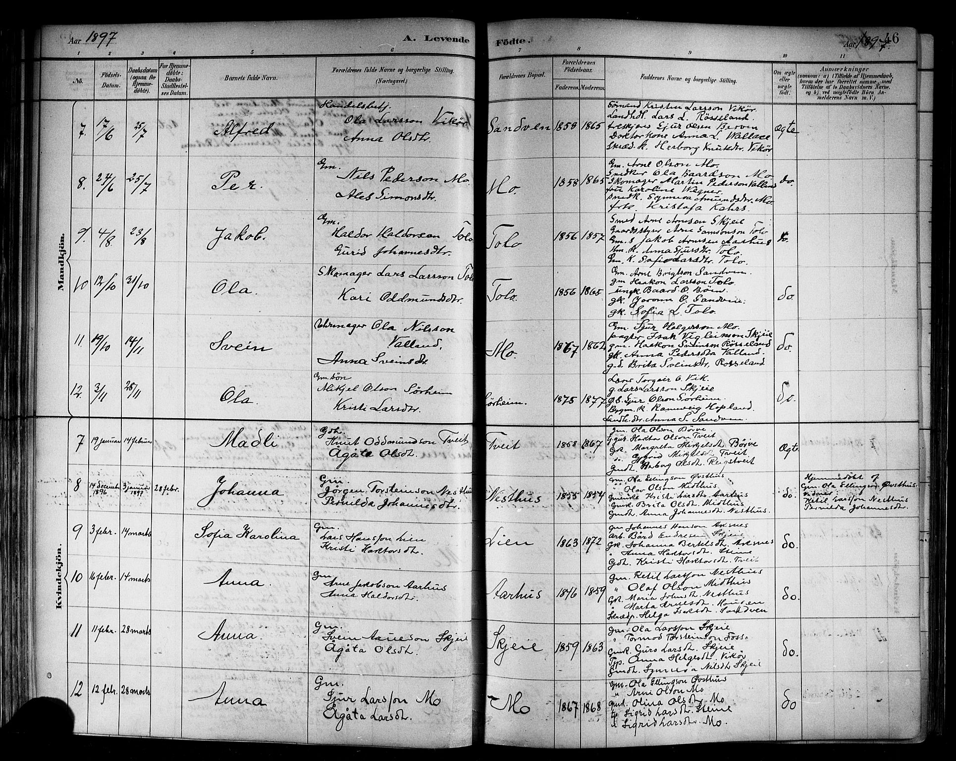 Kvam sokneprestembete, SAB/A-76201/H/Hab: Parish register (copy) no. B 3, 1884-1916, p. 46