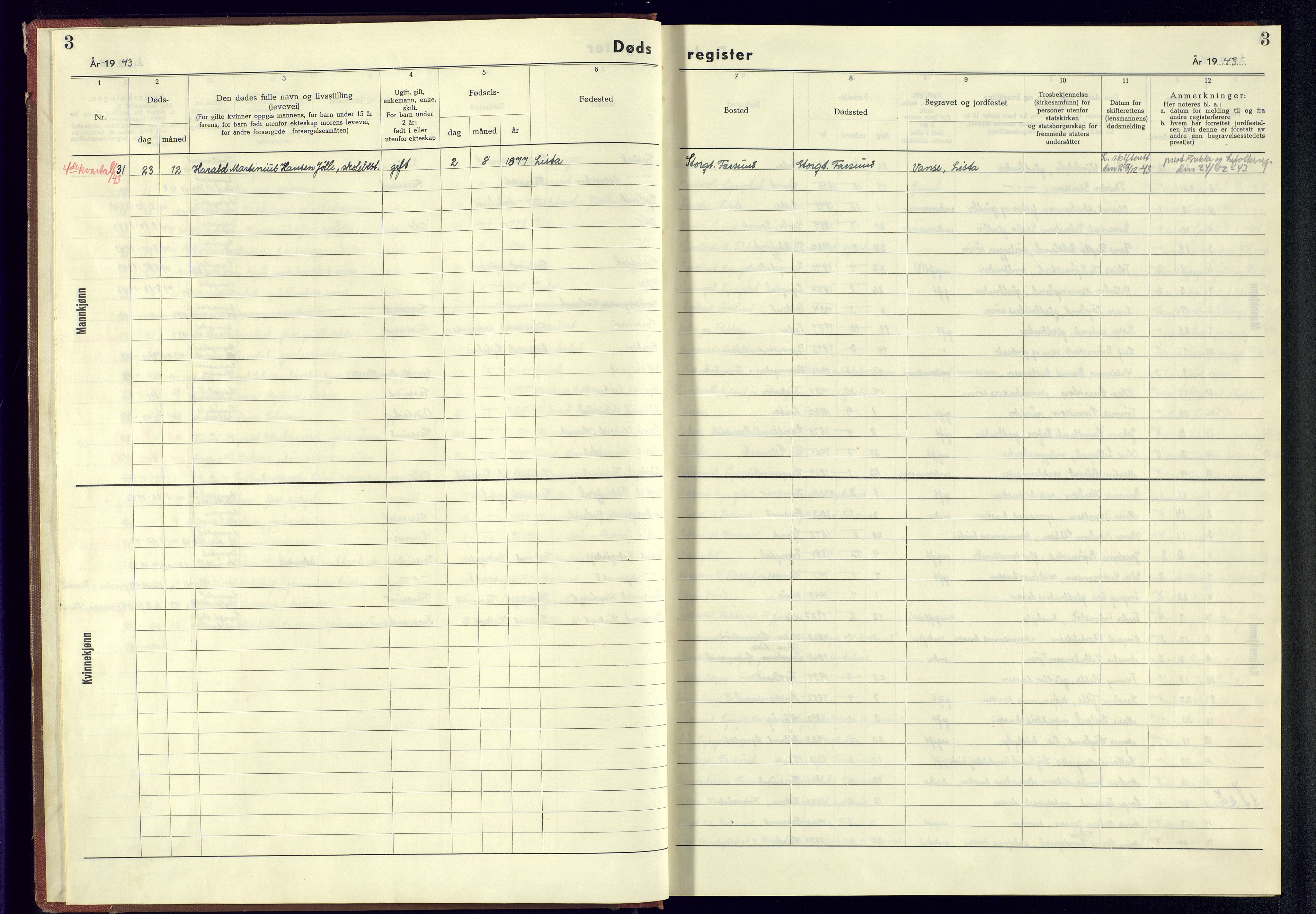 Farsund sokneprestkontor, AV/SAK-1111-0009/J/Jb/L0003: A-VI-6 - Dødsfallsregister, 1943-1945, p. 3