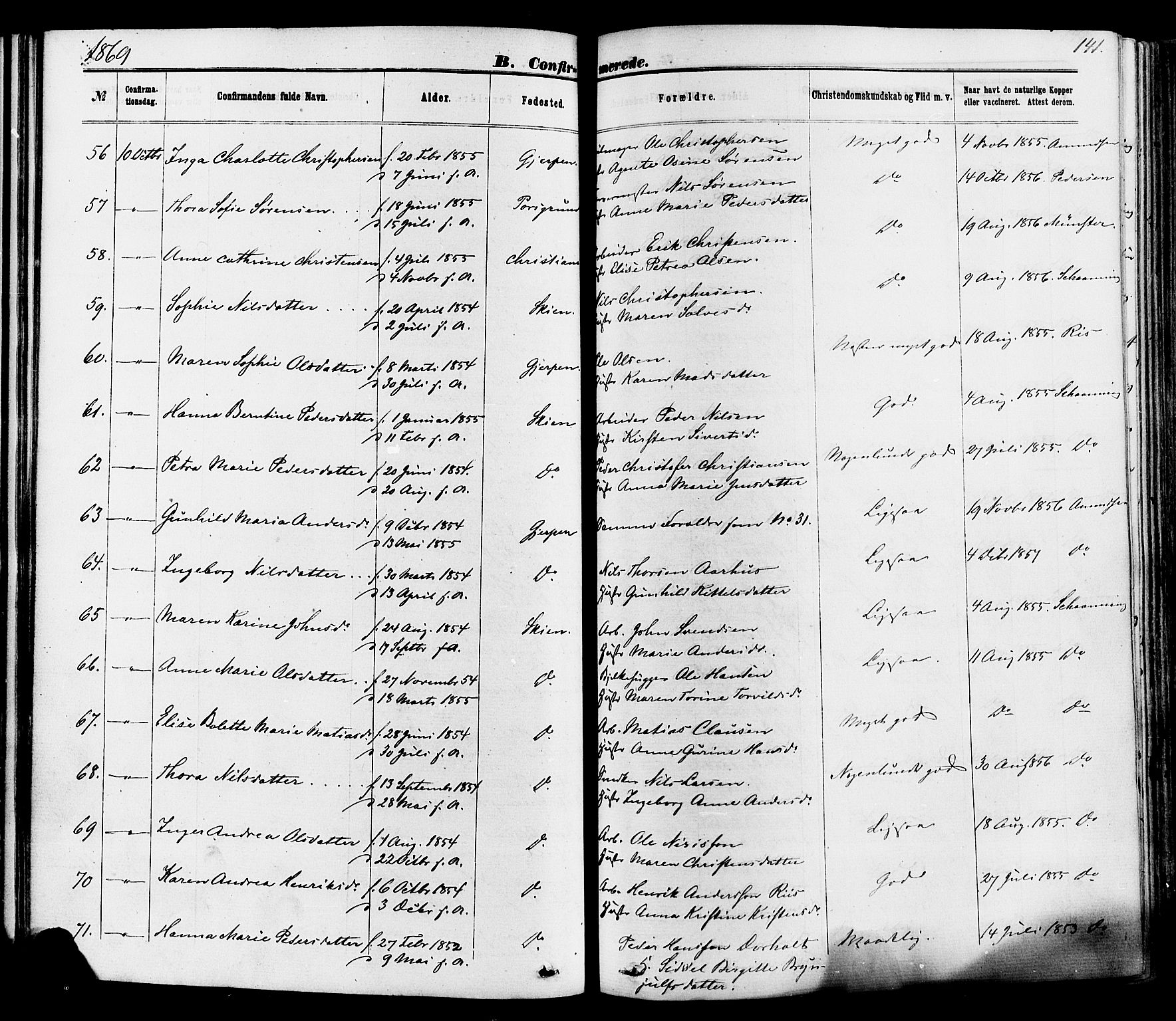 Skien kirkebøker, SAKO/A-302/F/Fa/L0008: Parish register (official) no. 8, 1866-1877, p. 141