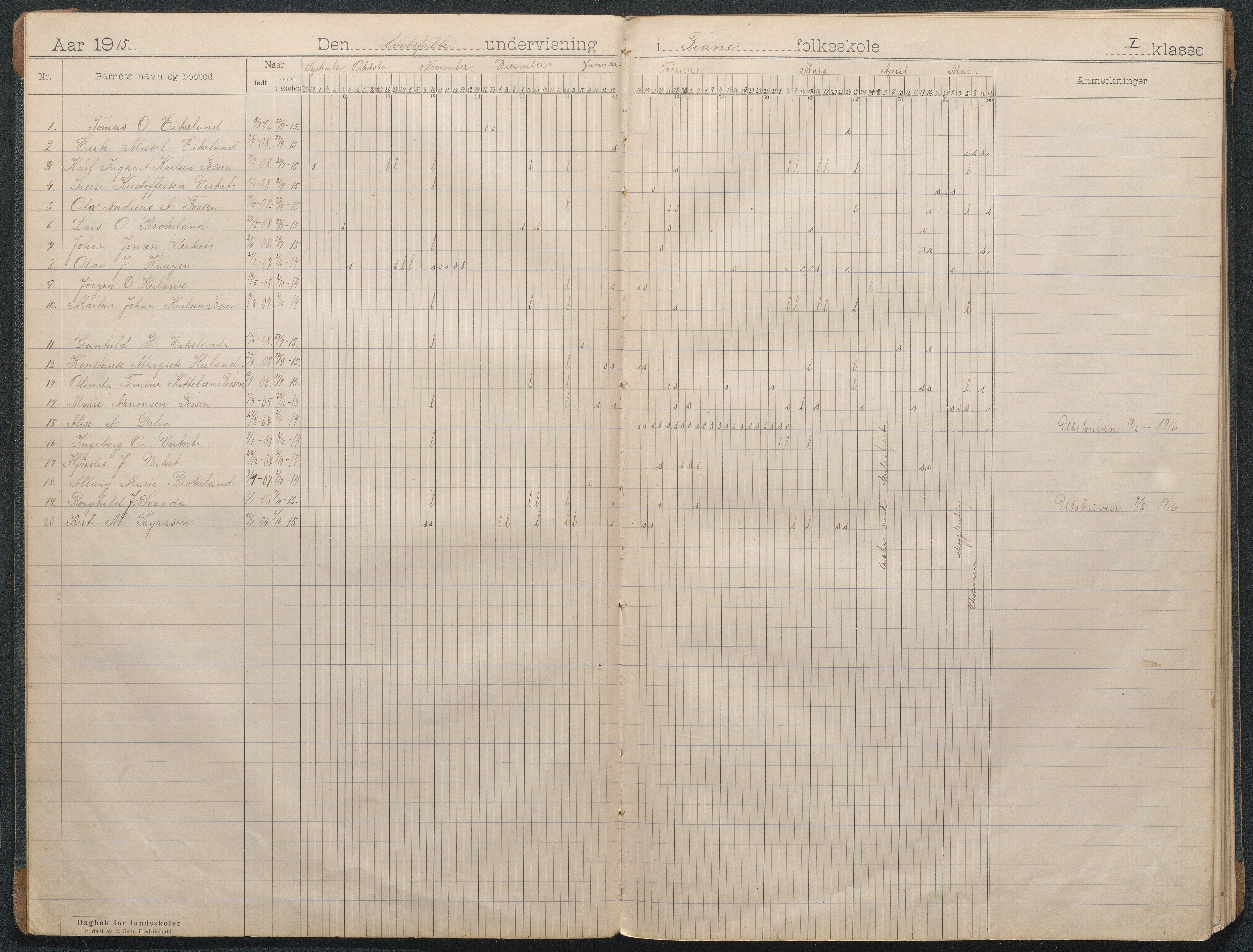 Gjerstad Kommune, Fiane og Fossen Skole, AAMA/KA0911-550j/F01/L0006: Dagbok Fiane skole, 1915-1944