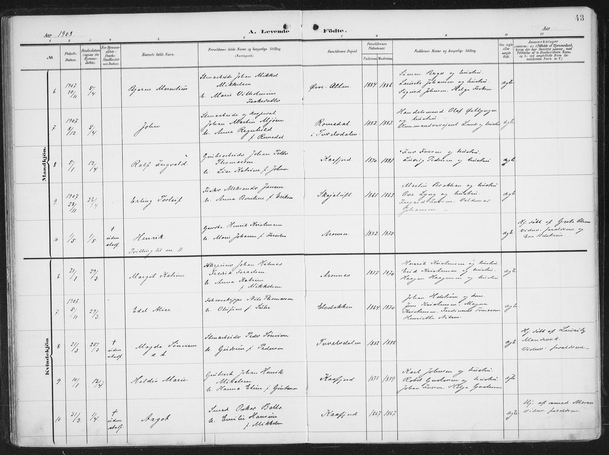Alta sokneprestkontor, AV/SATØ-S-1338/H/Ha/L0005.kirke: Parish register (official) no. 5, 1904-1918, p. 43