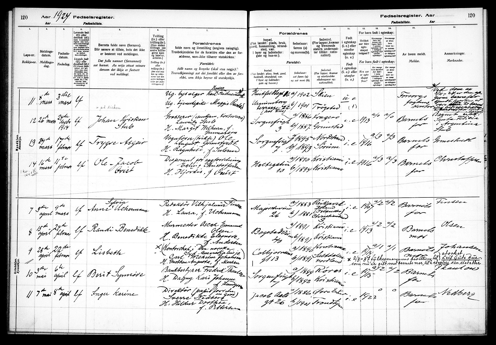 Uranienborg prestekontor Kirkebøker, AV/SAO-A-10877/J/Ja/L0001: Birth register no. 1, 1916-1930, p. 120