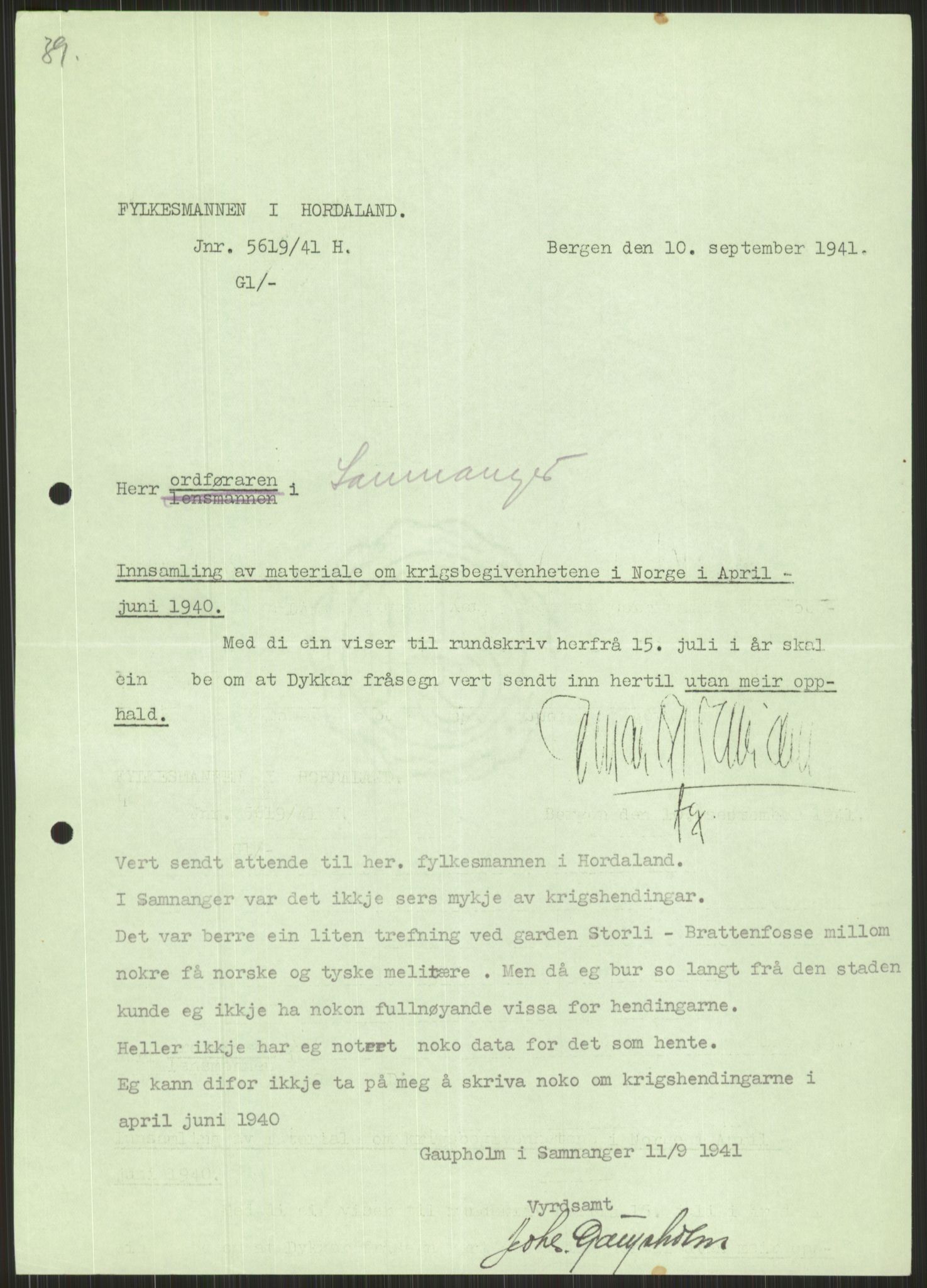 Forsvaret, Forsvarets krigshistoriske avdeling, AV/RA-RAFA-2017/Y/Ya/L0015: II-C-11-31 - Fylkesmenn.  Rapporter om krigsbegivenhetene 1940., 1940, p. 403