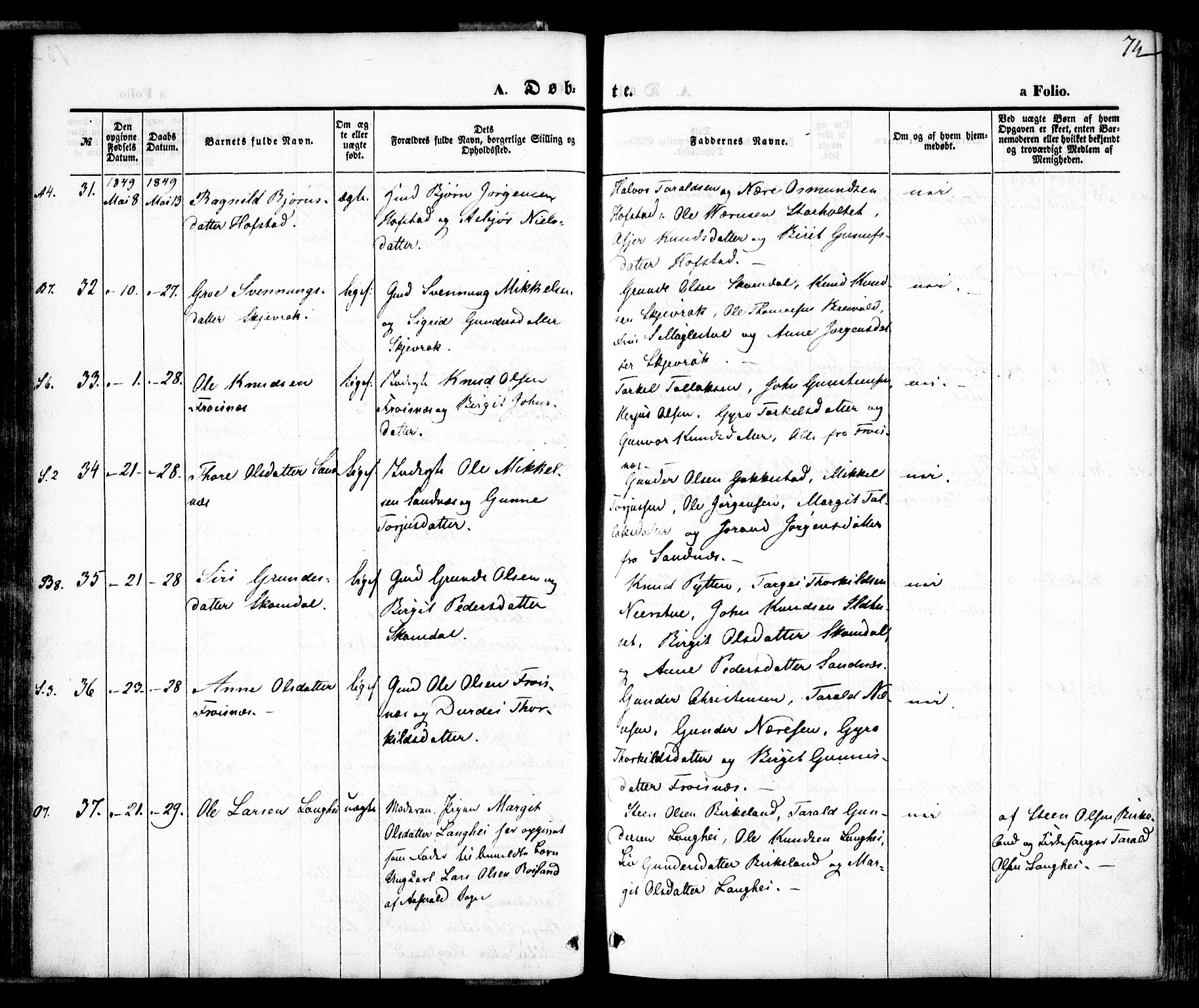 Bygland sokneprestkontor, AV/SAK-1111-0006/F/Fa/Fab/L0004: Parish register (official) no. A 4, 1842-1858, p. 74