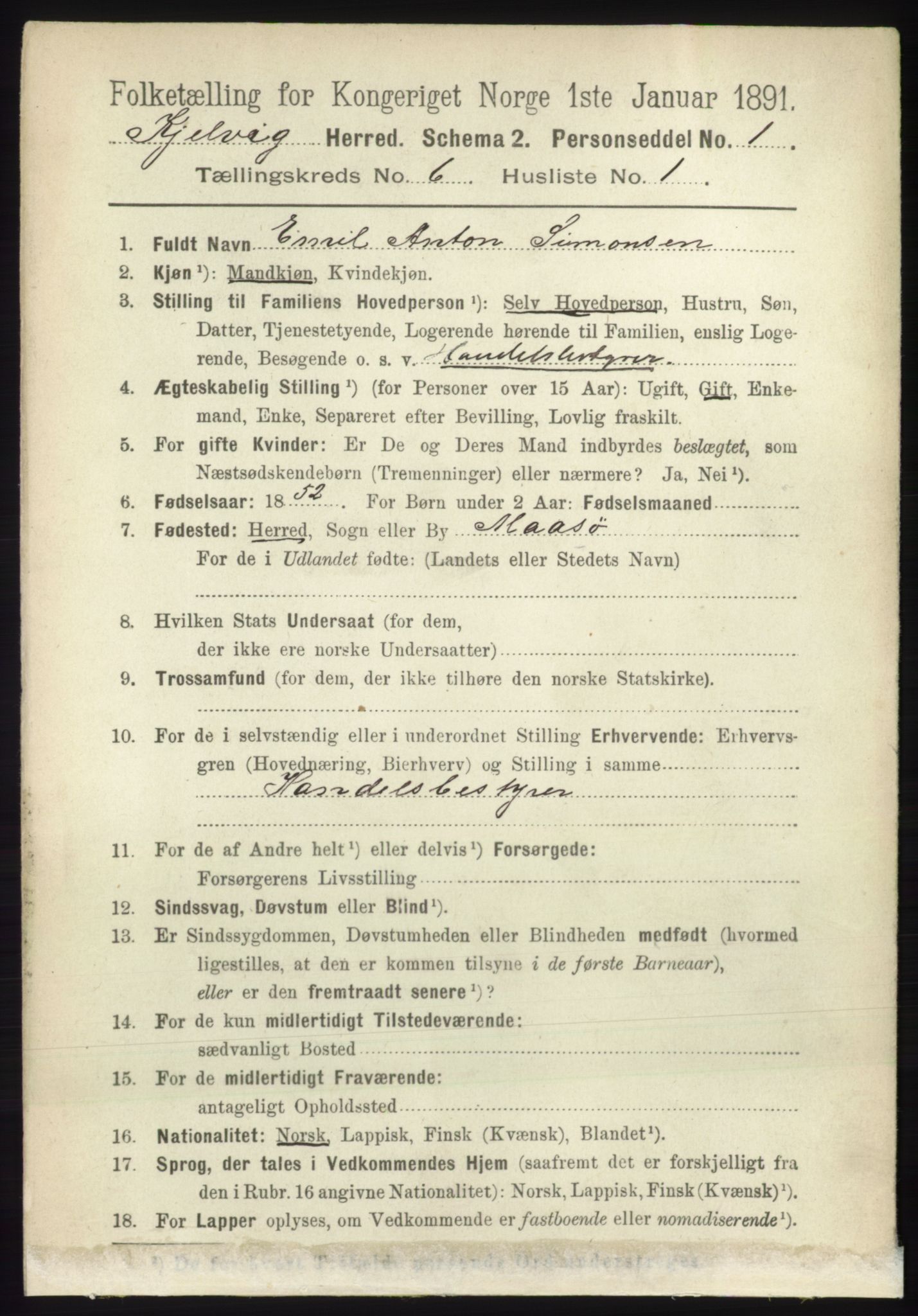 RA, 1891 census for 2019 Kjelvik, 1891, p. 628