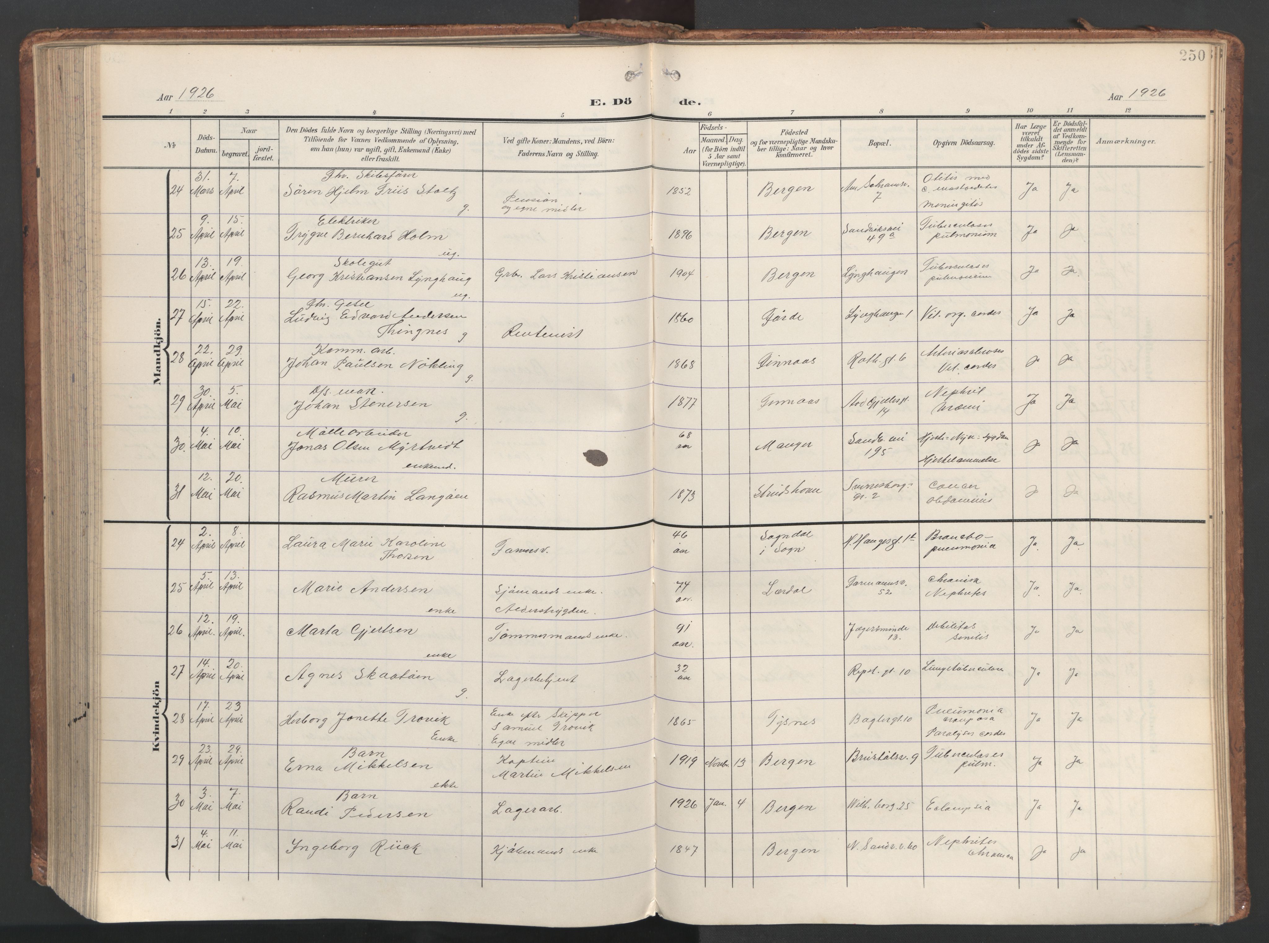 Sandviken Sokneprestembete, AV/SAB-A-77601/H/Ha/L0019: Parish register (official) no. E 2, 1905-1933, p. 250