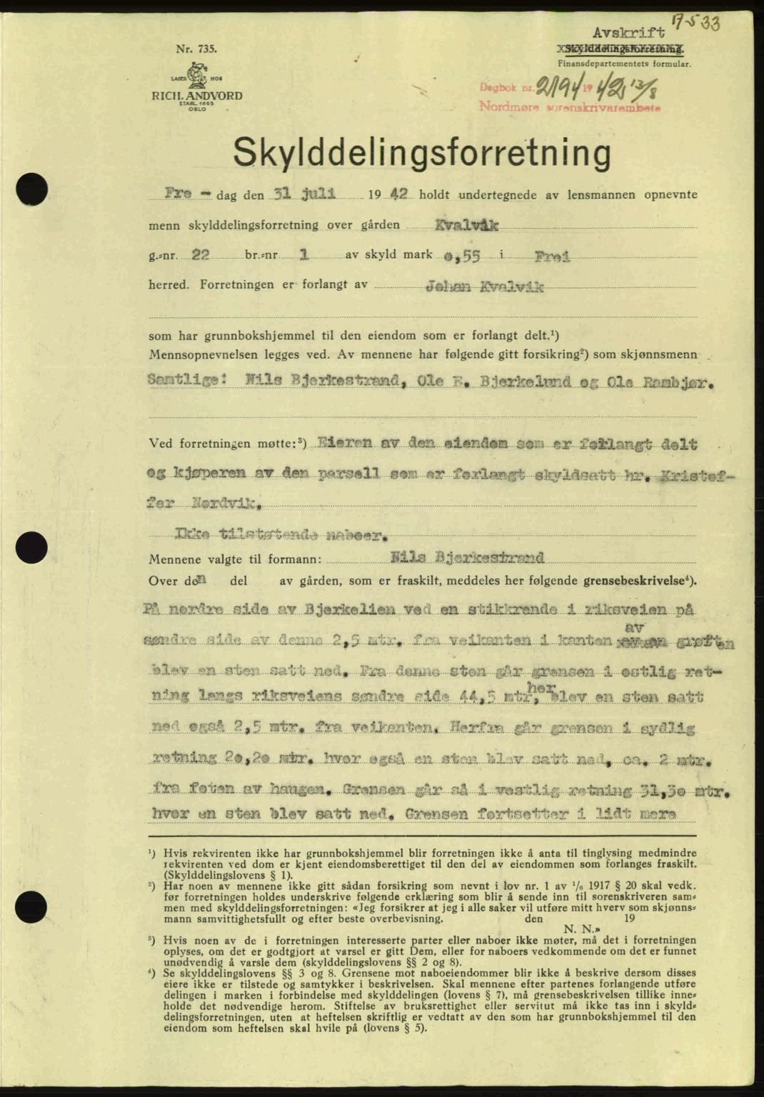 Nordmøre sorenskriveri, AV/SAT-A-4132/1/2/2Ca: Mortgage book no. A93, 1942-1942, Diary no: : 2194/1942