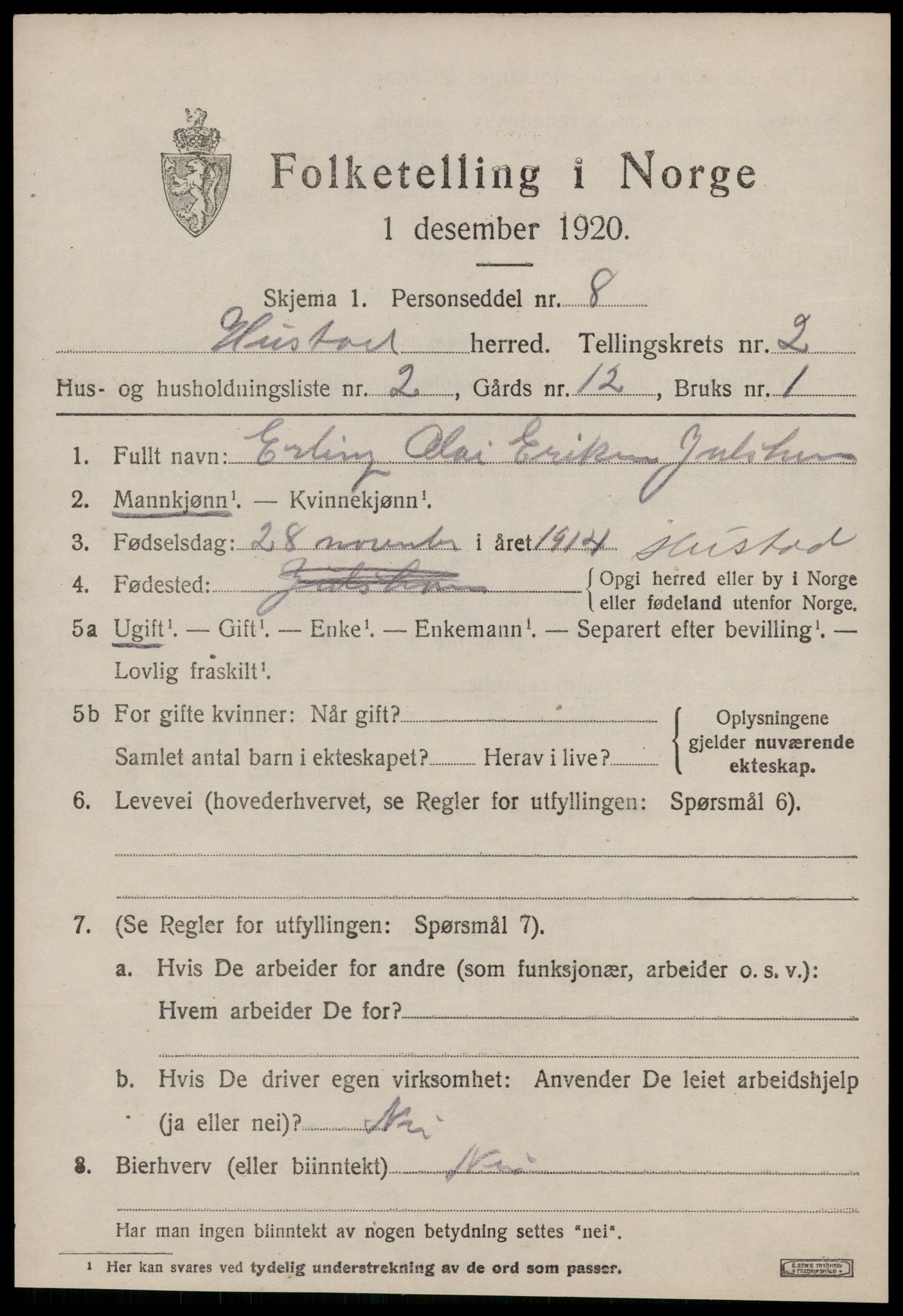 SAT, 1920 census for Hustad, 1920, p. 1549