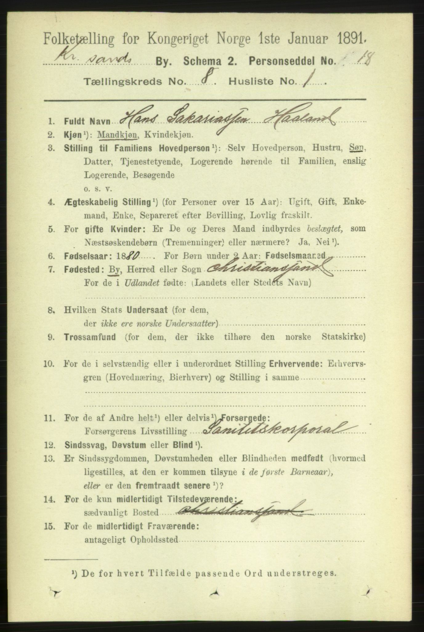 RA, 1891 census for 1001 Kristiansand, 1891, p. 4805