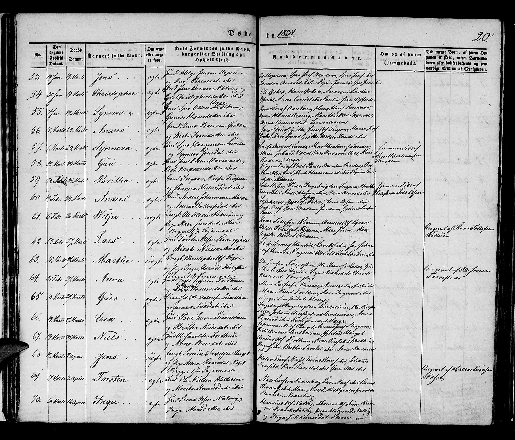 Lærdal sokneprestembete, AV/SAB-A-81201: Parish register (official) no. A 6, 1835-1849, p. 20