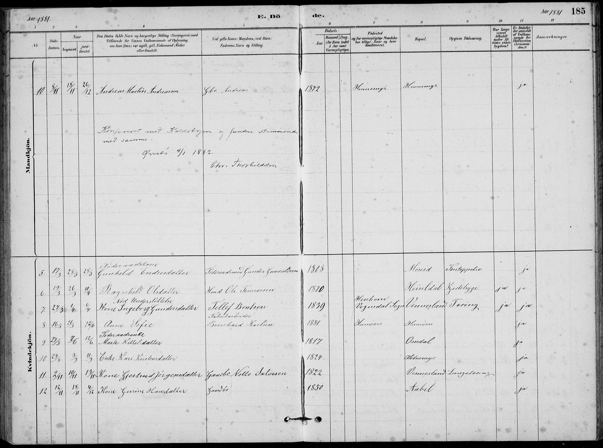 Vennesla sokneprestkontor, AV/SAK-1111-0045/Fb/Fbb/L0003: Parish register (copy) no. B 3, 1879-1893, p. 185