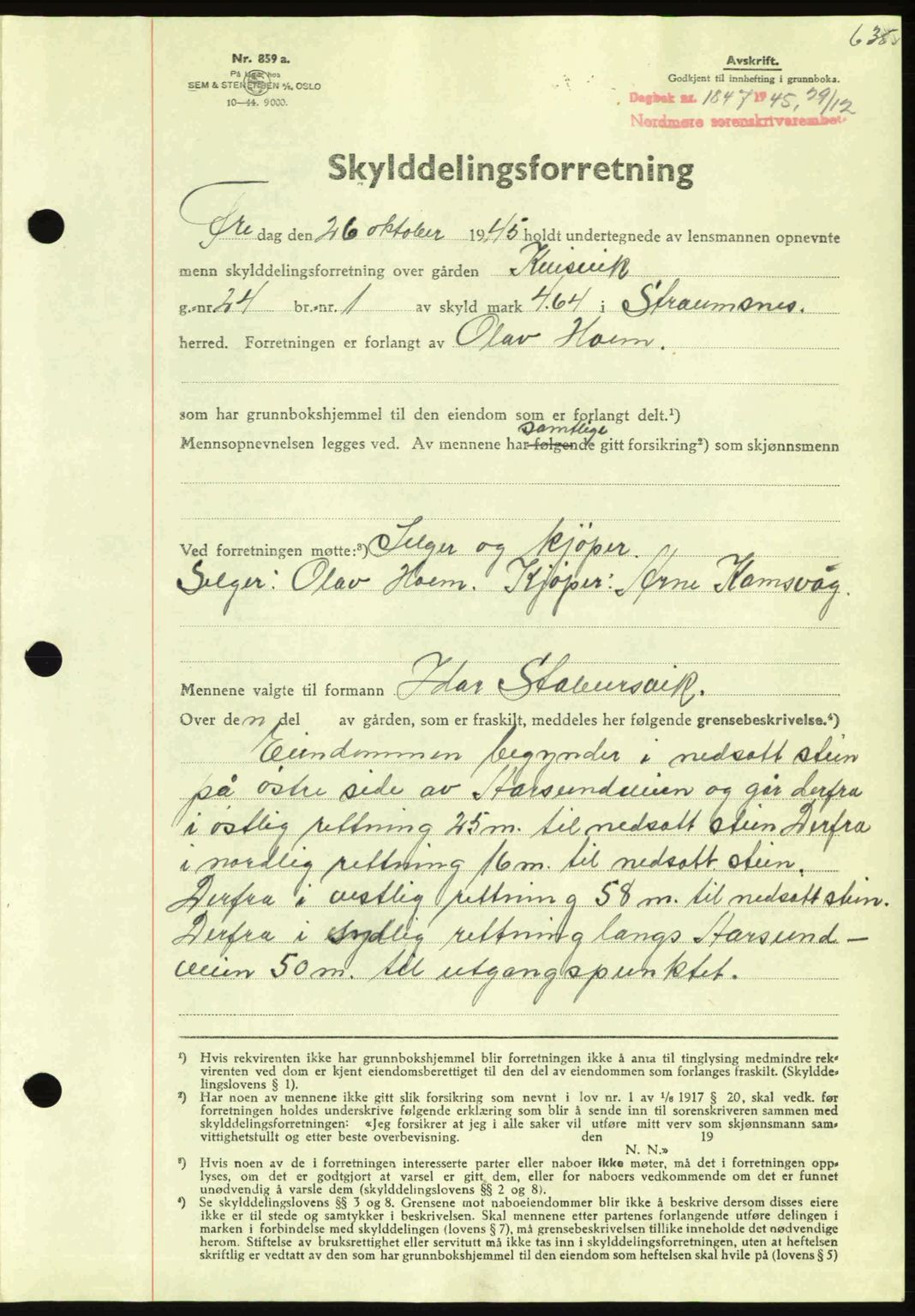 Nordmøre sorenskriveri, AV/SAT-A-4132/1/2/2Ca: Mortgage book no. A100a, 1945-1945, Diary no: : 1847/1945