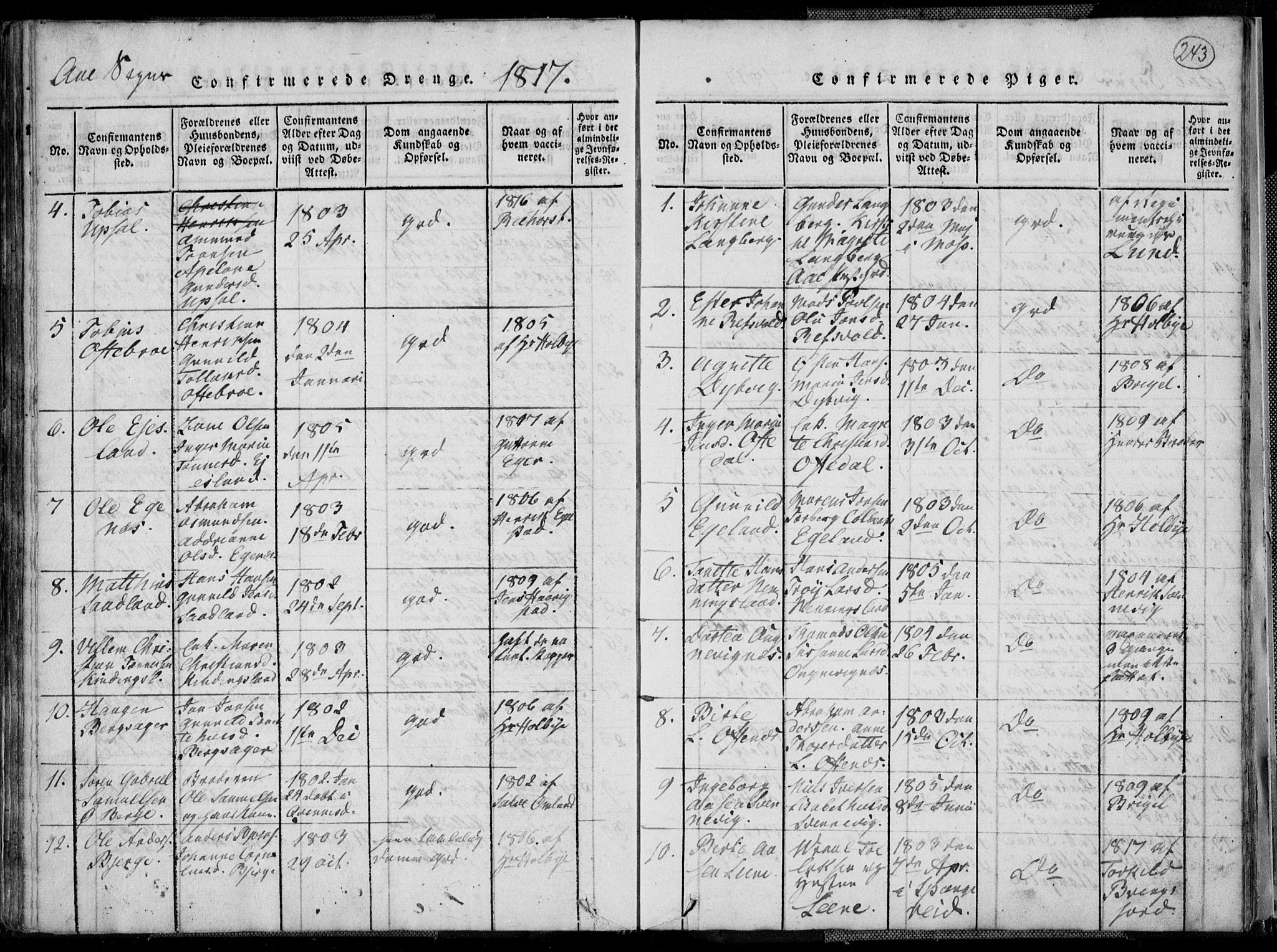 Lyngdal sokneprestkontor, SAK/1111-0029/F/Fa/Fac/L0006: Parish register (official) no. A 6, 1815-1825, p. 243