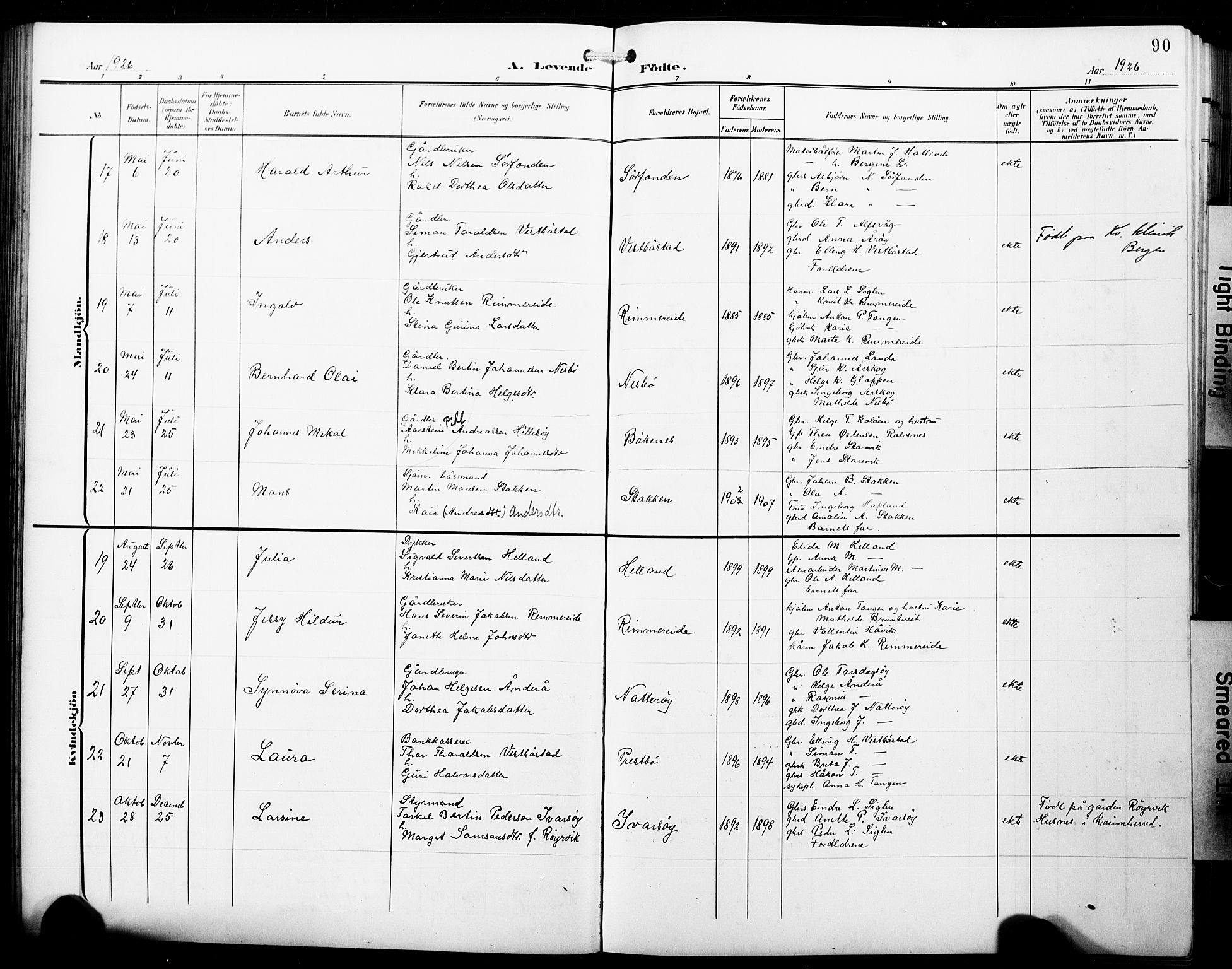 Fitjar sokneprestembete, AV/SAB-A-99926: Parish register (copy) no. B 1, 1906-1928, p. 90