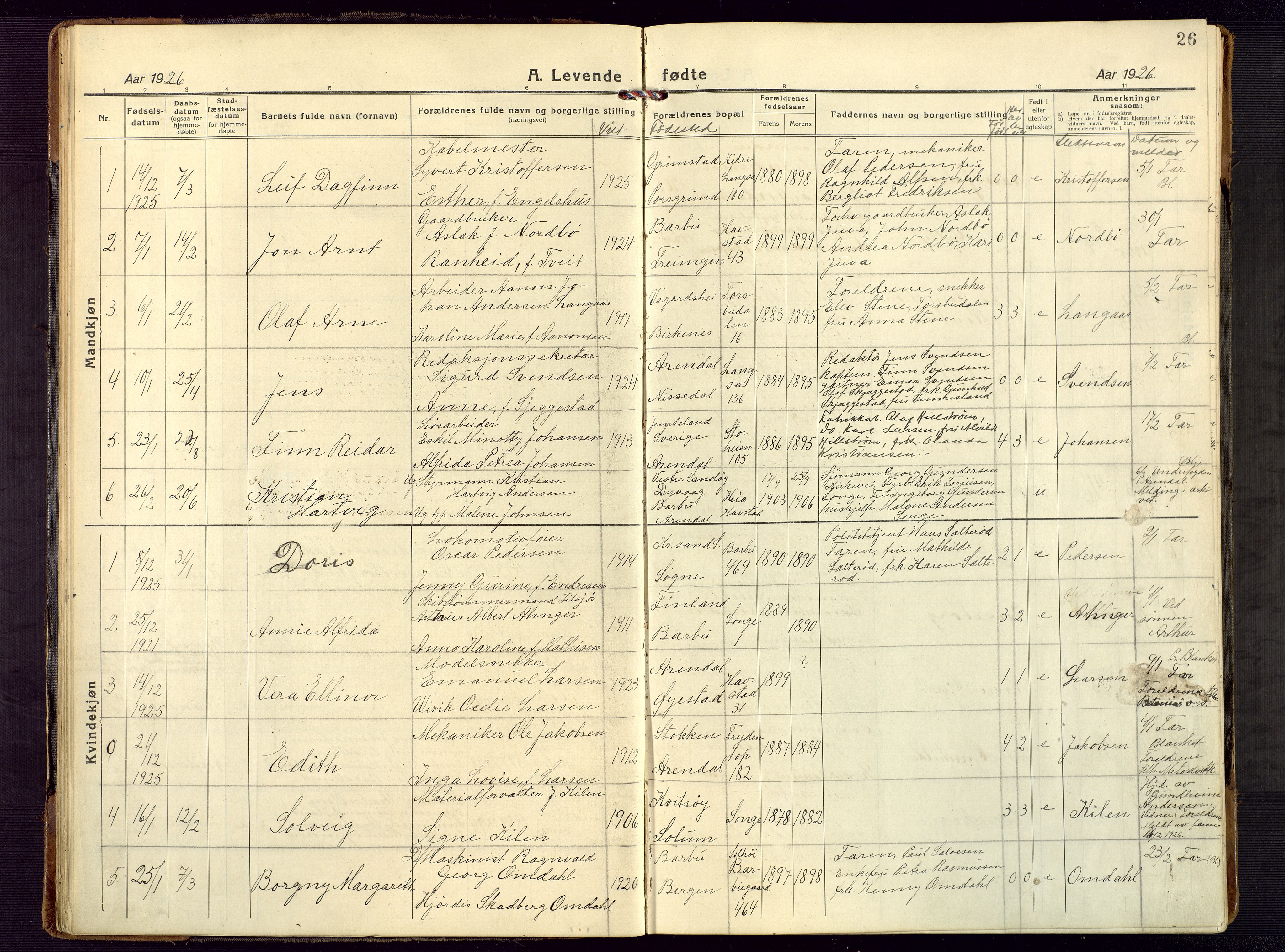 Barbu sokneprestkontor, AV/SAK-1111-0003/F/Fb/L0005: Parish register (copy) no. B 5, 1923-1946, p. 26