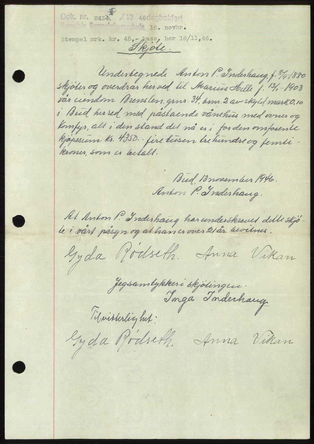 Romsdal sorenskriveri, AV/SAT-A-4149/1/2/2C: Mortgage book no. A21, 1946-1946, Diary no: : 2434/1946