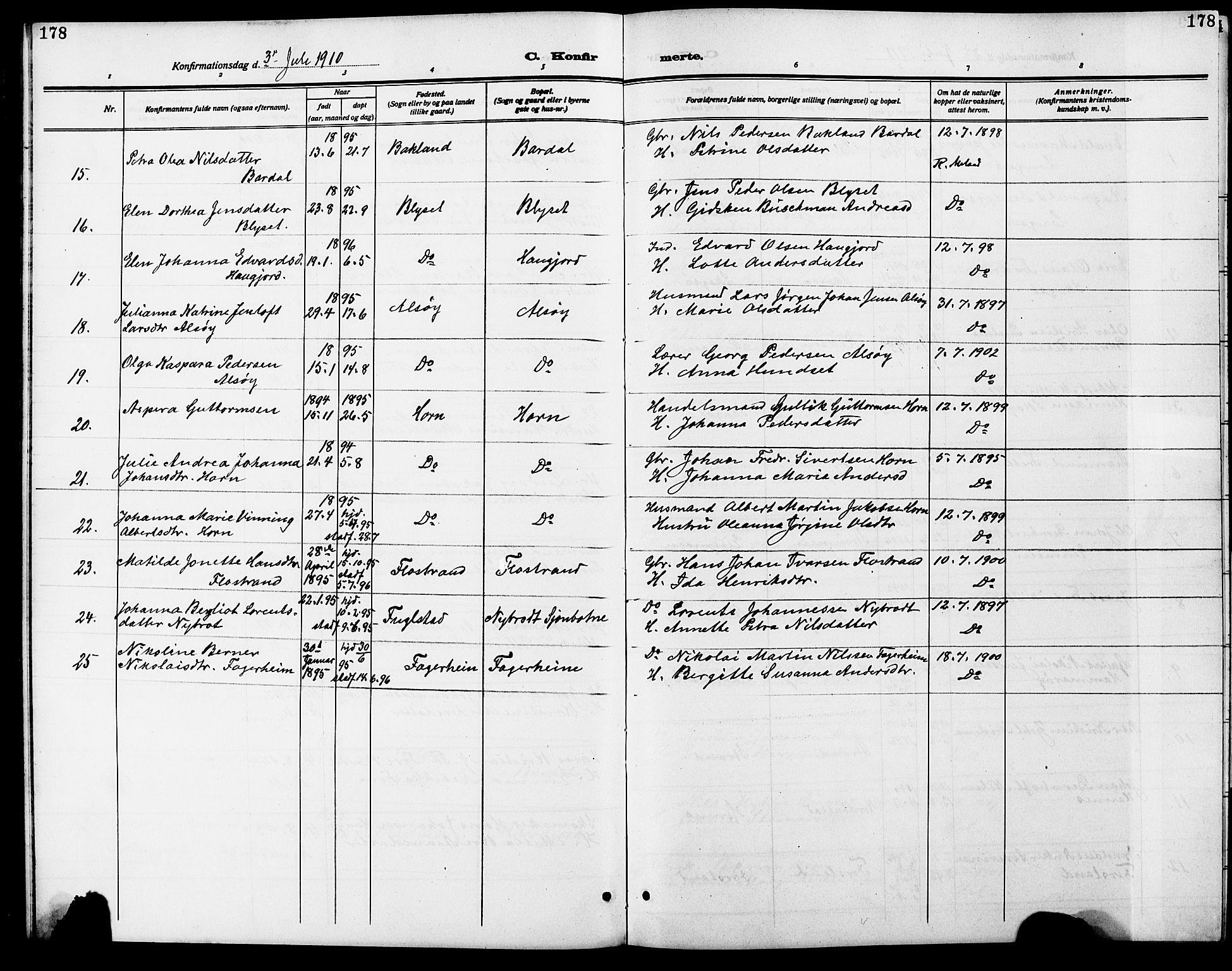 Ministerialprotokoller, klokkerbøker og fødselsregistre - Nordland, AV/SAT-A-1459/838/L0560: Parish register (copy) no. 838C07, 1910-1928, p. 178