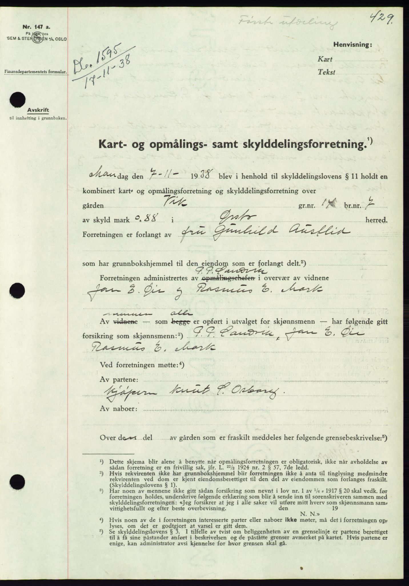 Søre Sunnmøre sorenskriveri, AV/SAT-A-4122/1/2/2C/L0066: Mortgage book no. 60, 1938-1938, Diary no: : 1595/1938