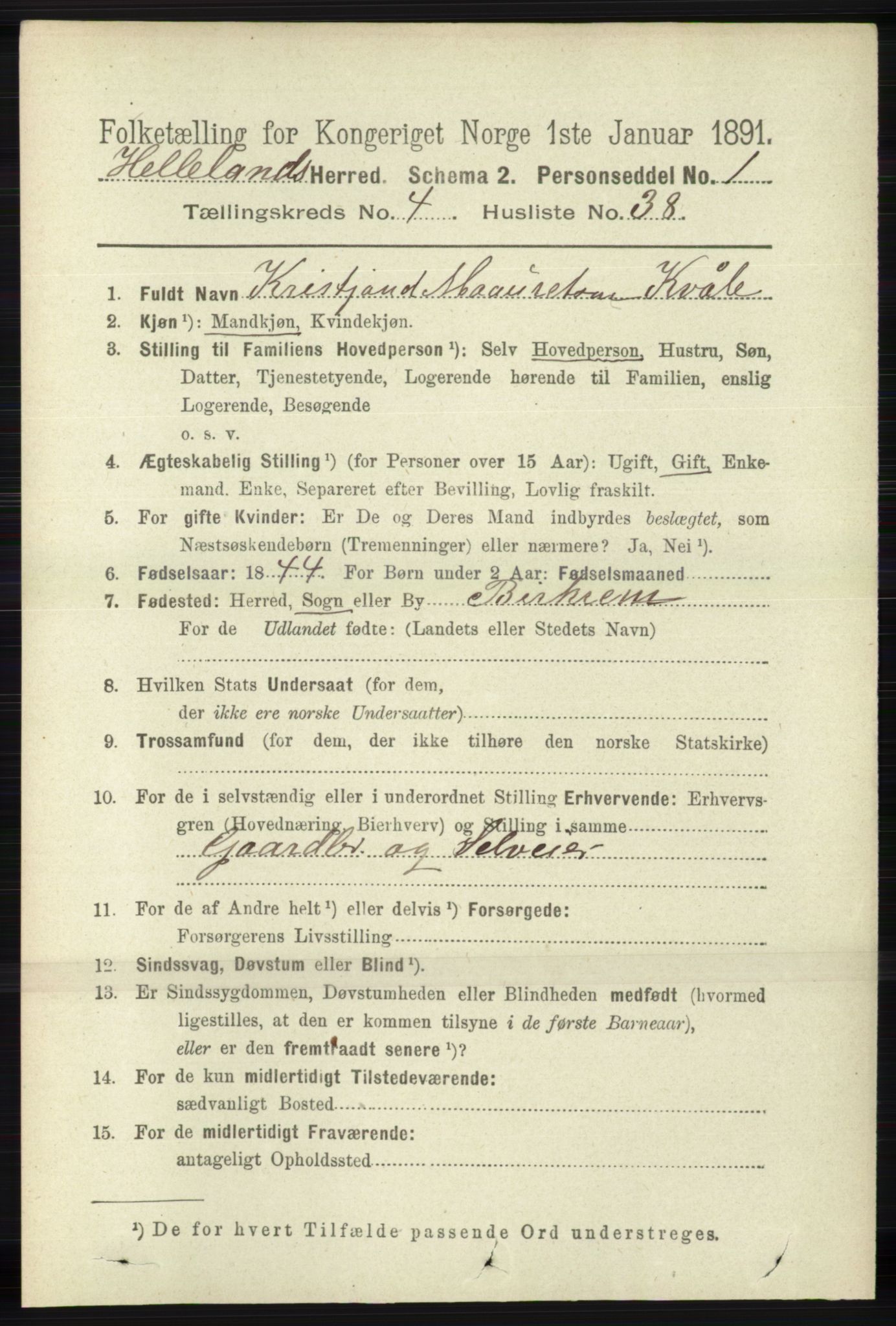 RA, 1891 census for 1115 Helleland, 1891, p. 1401