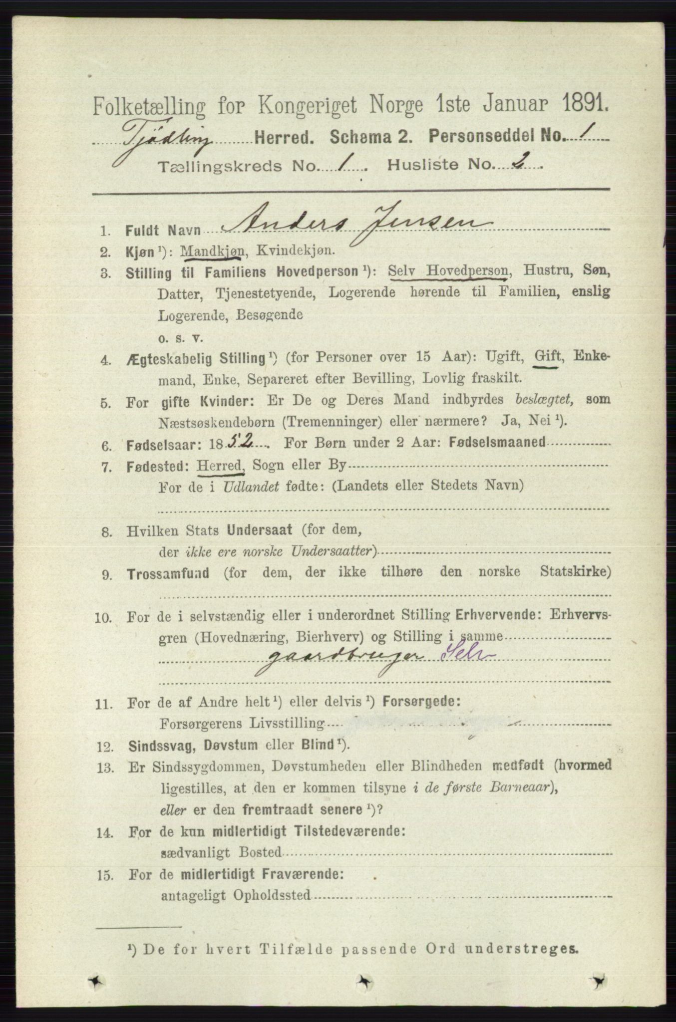 RA, 1891 census for 0725 Tjølling, 1891, p. 96