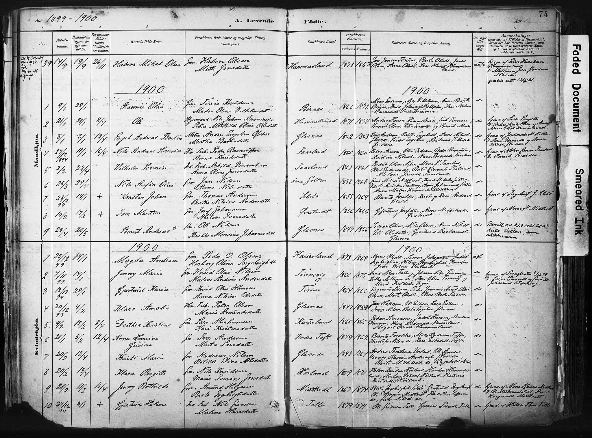 Sund sokneprestembete, SAB/A-99930: Parish register (official) no. B 1, 1882-1907, p. 74