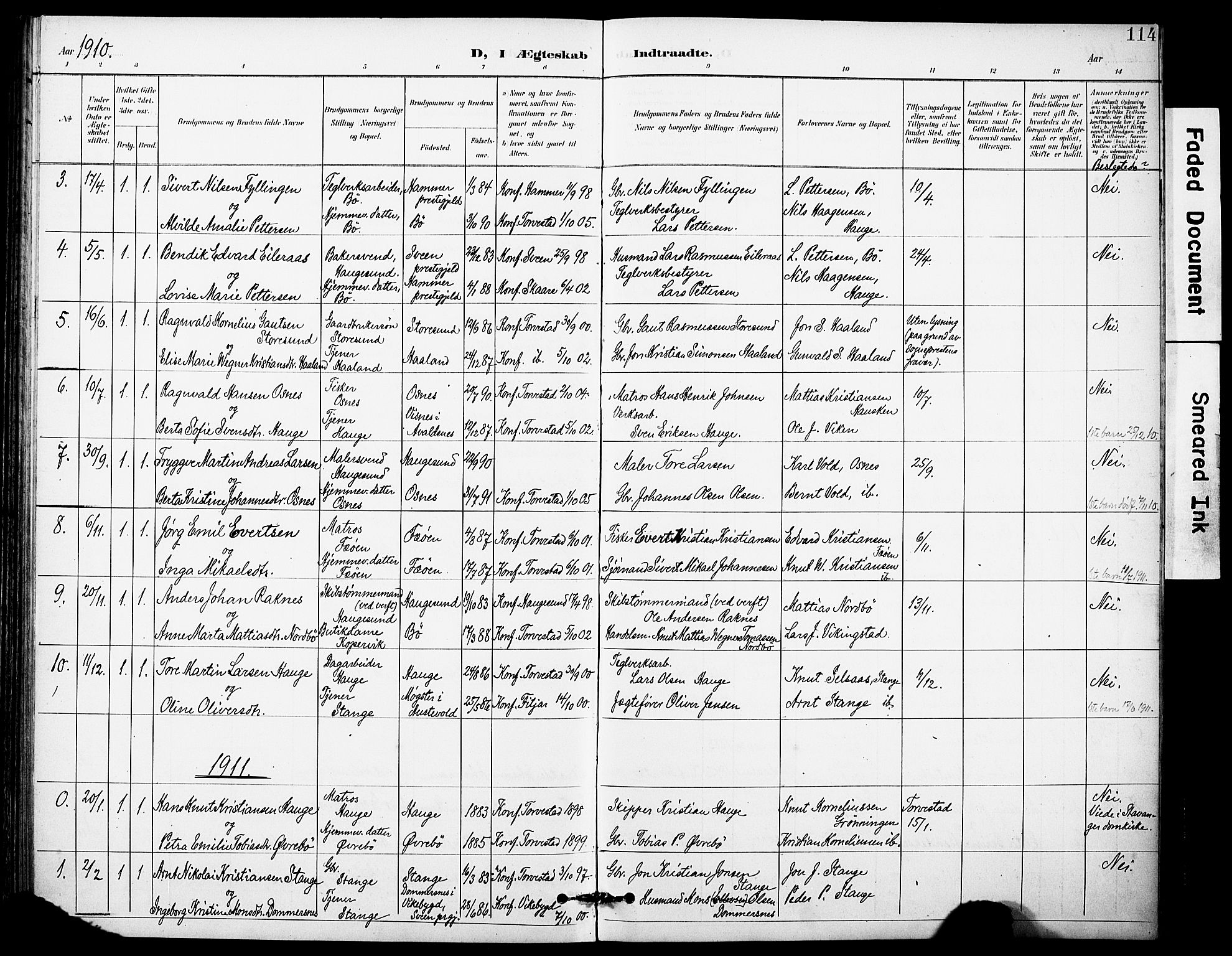 Torvastad sokneprestkontor, SAST/A -101857/H/Ha/Haa/L0017: Parish register (official) no. A 16, 1899-1911, p. 114